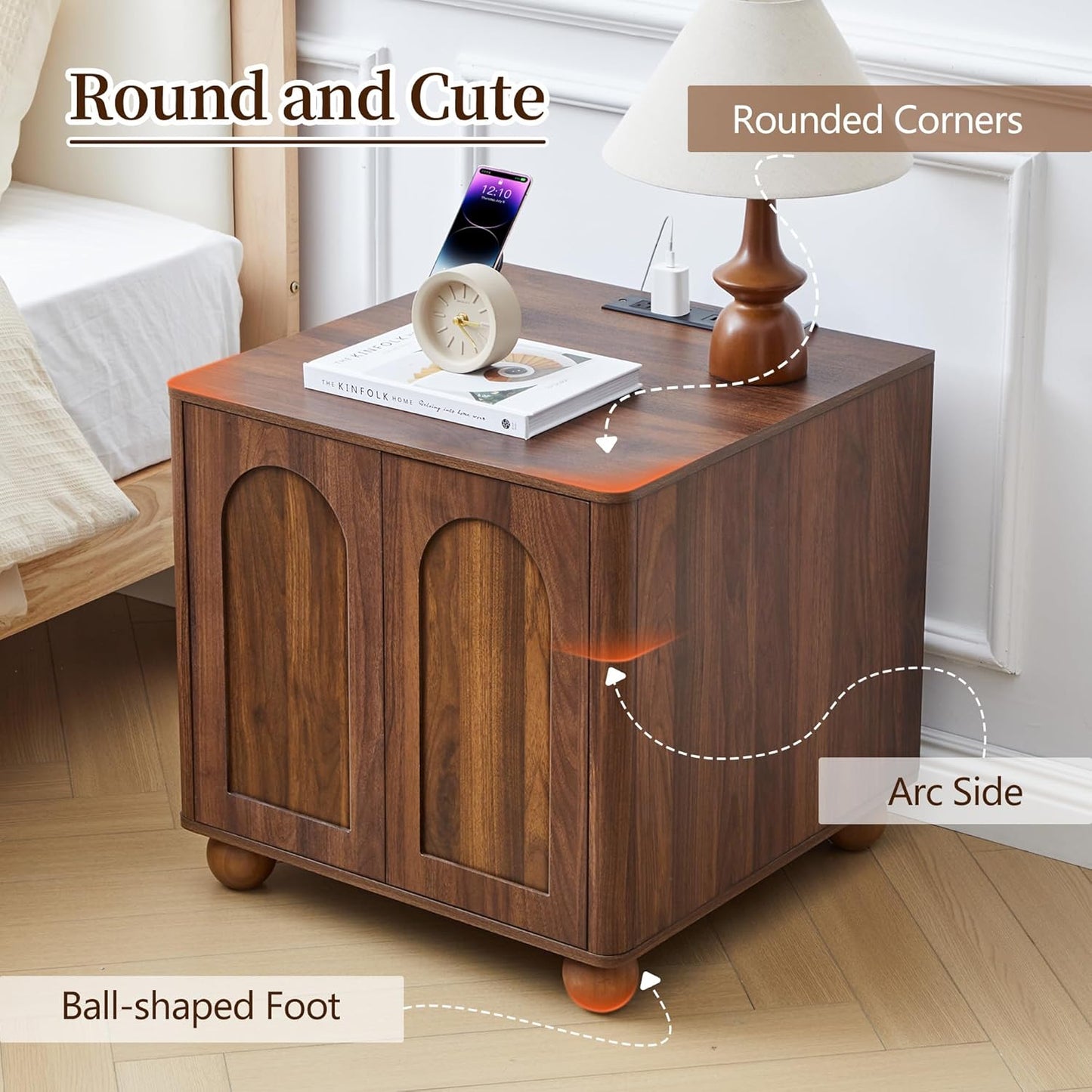 Bed Side Table Set of 2 with Charging Station, Mid Century Modern Nightstand with 2 Doors, Square End Table with Storage for Couch,Living Room, Sofa Side Table for Office,Dorm - Walnut