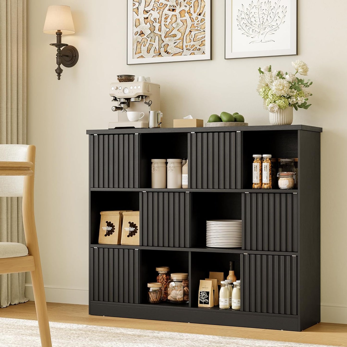 iPormis 12 Cube Bookcase with 6 Fluted Sliding Doors, 3 Tier Wooden Bookshelf, 47.2” Freestanding Cube Storage Organizer for Living Room, Office, Bedroom, Semi-Open Bookshelves, Black