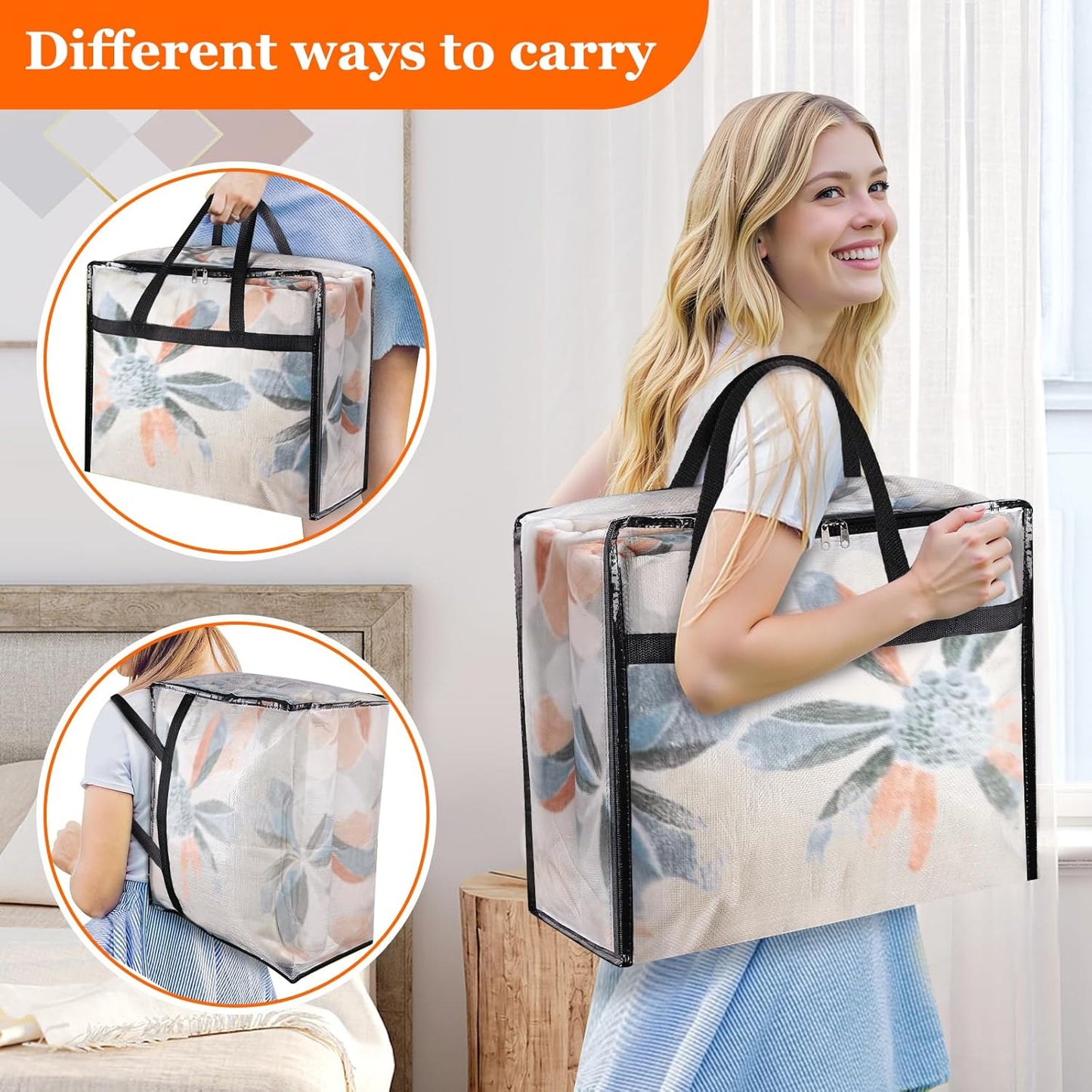 8 Pack Clear Storage Bags for Comforter, Clothes & Bedding, Plastic Blanket Storage with Zipper and Handle, Moving Bags, Closet Organizer and Under-Bed Storage (40L)