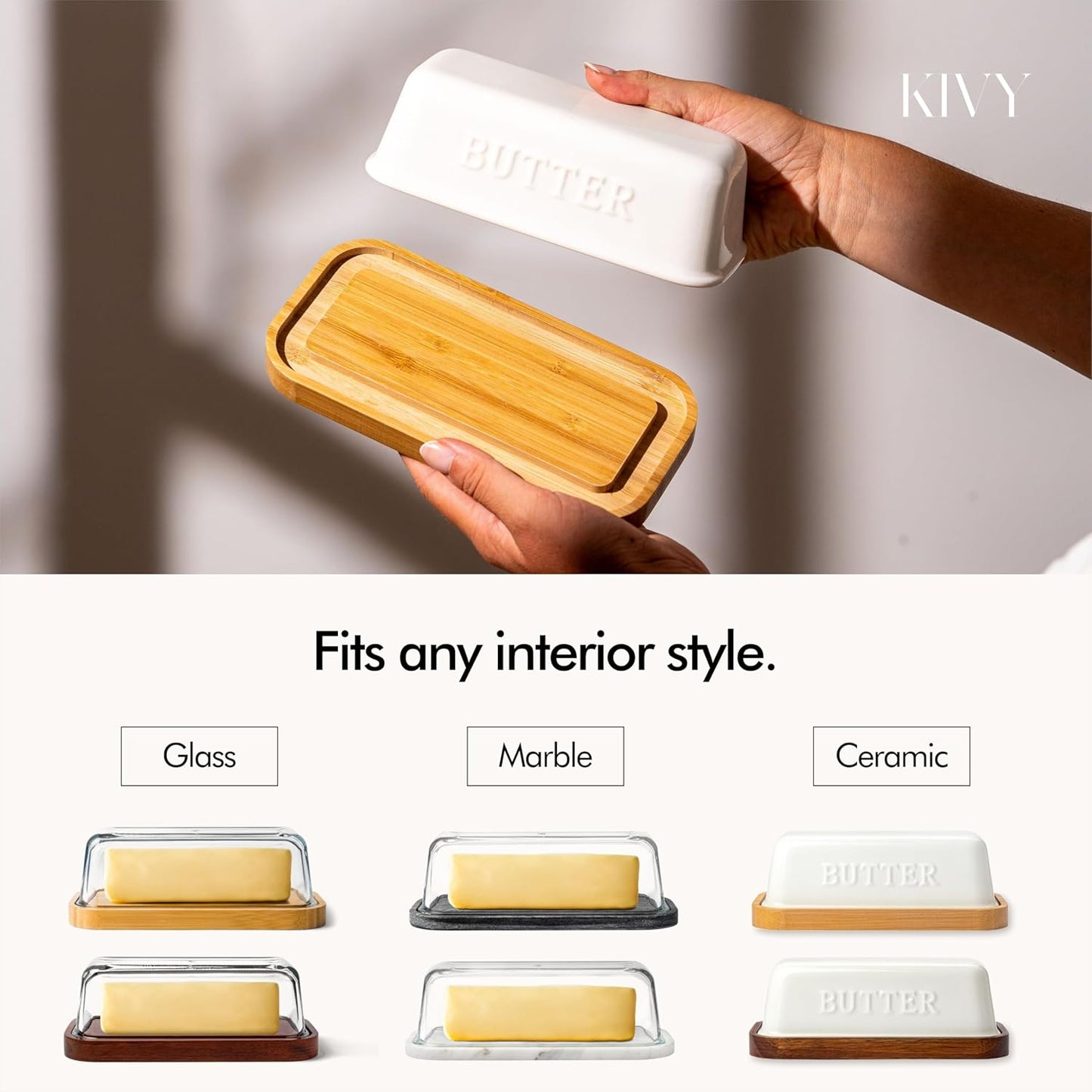 KIVY Glass butter dish with airtight lid that keeps butter soft - For countertop and refrigerator door shelf - Butter tray with lid fridge - Butter holder for counter - Covered butter dishes