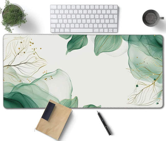 Watercolor Green Leaves Large Mouse Pad, Vintage Aesthetic Gaming Desk Mat, XXL Keyboard Desk Pad Mat for Desktop, 35.4"x15.7" Non-Slip Base Big Mousepad with Stitched Edges
