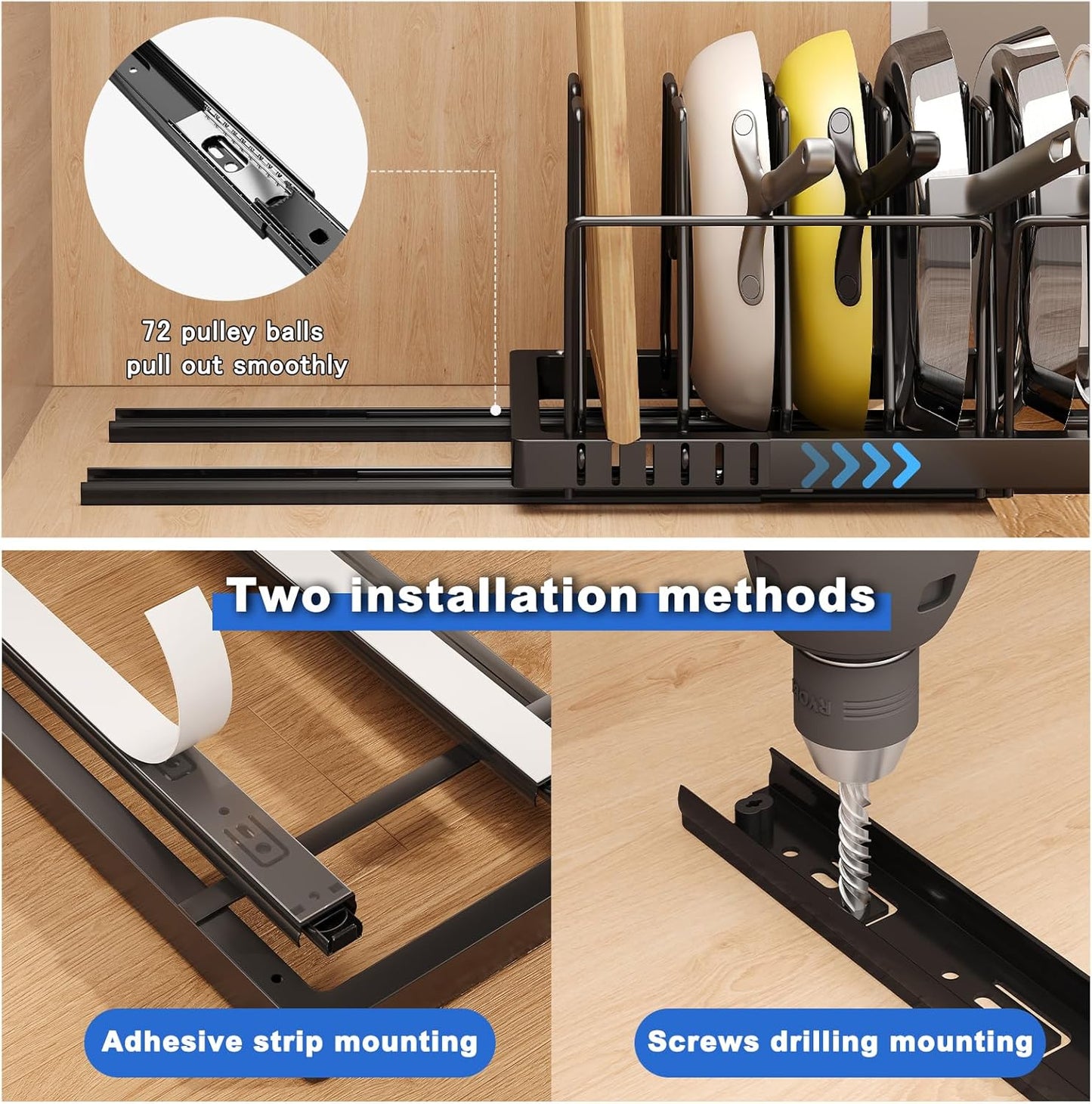 Pots and Pans Organizer Under Cabinet, 21.6" Deep Pull Out Pot Lid Organizer Holder with Guardrail Adhesive Pot and Pan Holder Rack with 10 Adjustable Dividers-1 Pack(Black)