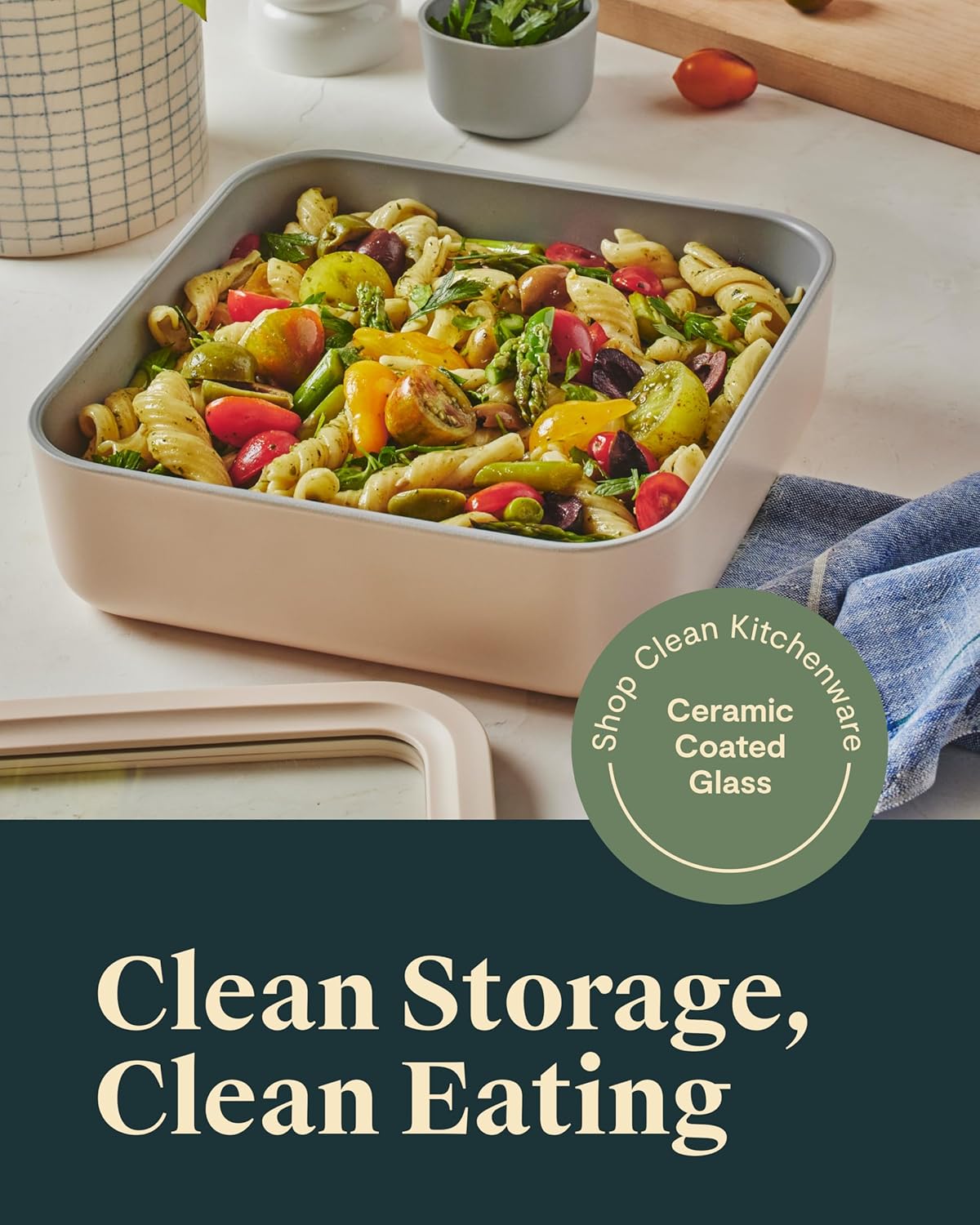 Caraway Glass Food Storage, 10 Cup Glass Container,Ceramic Coated Food Container,Easy to Store, Non Toxic, Non Stick Lunch Box Container with Glass Lids. Dishwasher, Oven,Square Shape,Sage