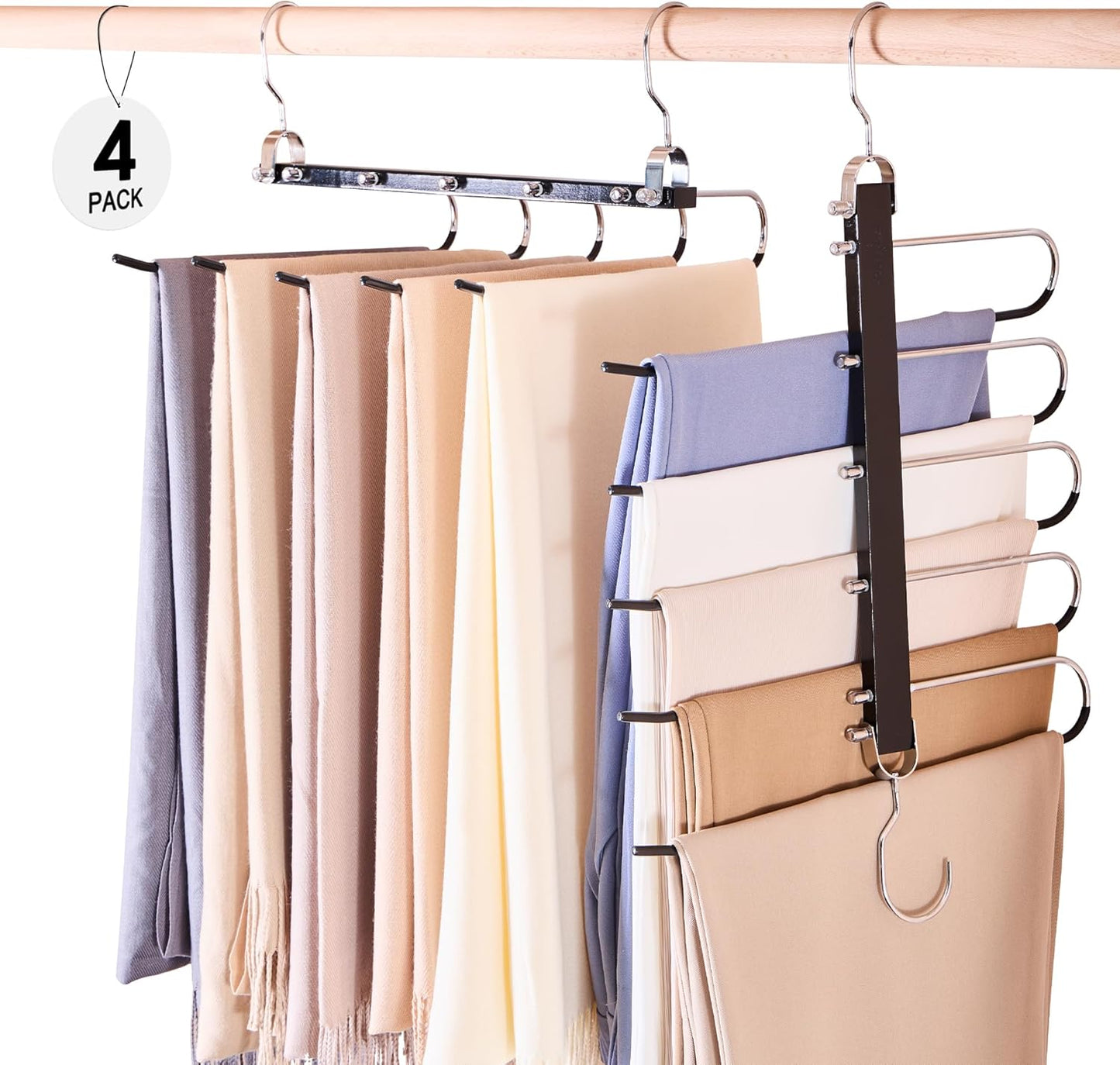 HOUSE DAY Pants Hangers Space Saving, Wood Jean Hangers for Closet, Non Slip Multi Functional Pants Rack Hanger Multiuse Pant Organizer for Closet Space Saving Hangers for Pants (4PACK, Black)