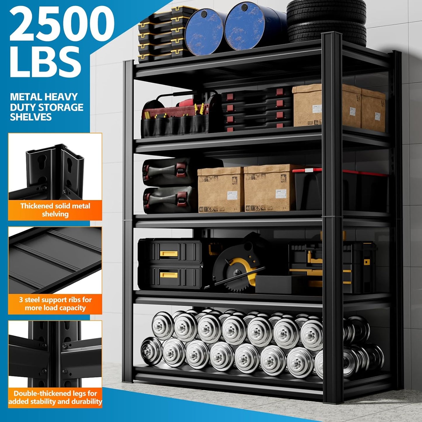 5-Tier Garage Storage Rack 35”D X 17.7”W X 72”H 2500LBS Capacity Industrial Shelving Unit Heavy-Duty Metal Shelf (Black)