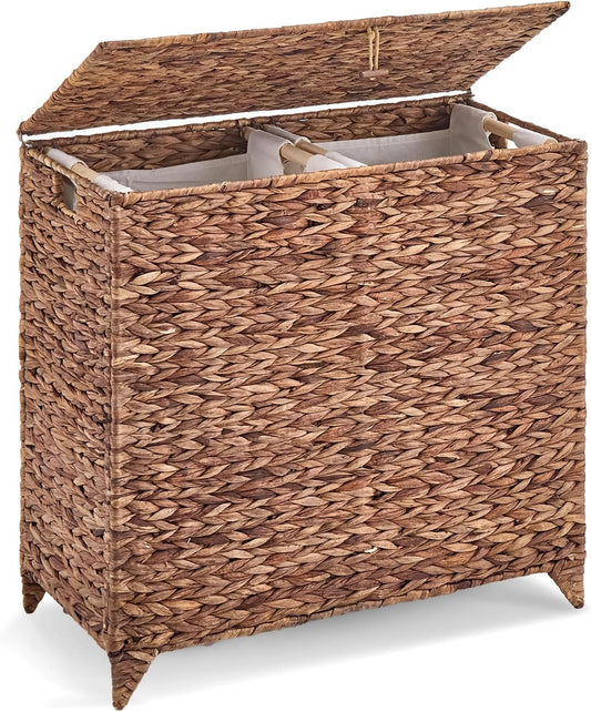 Handwoven Large Laundry Hamper with Lid and 2 Removable Liner Bags, Heightened Feet Natural Hyacinth Clothes Hamper,Wicker Laundry Basket for Clothes and Towels