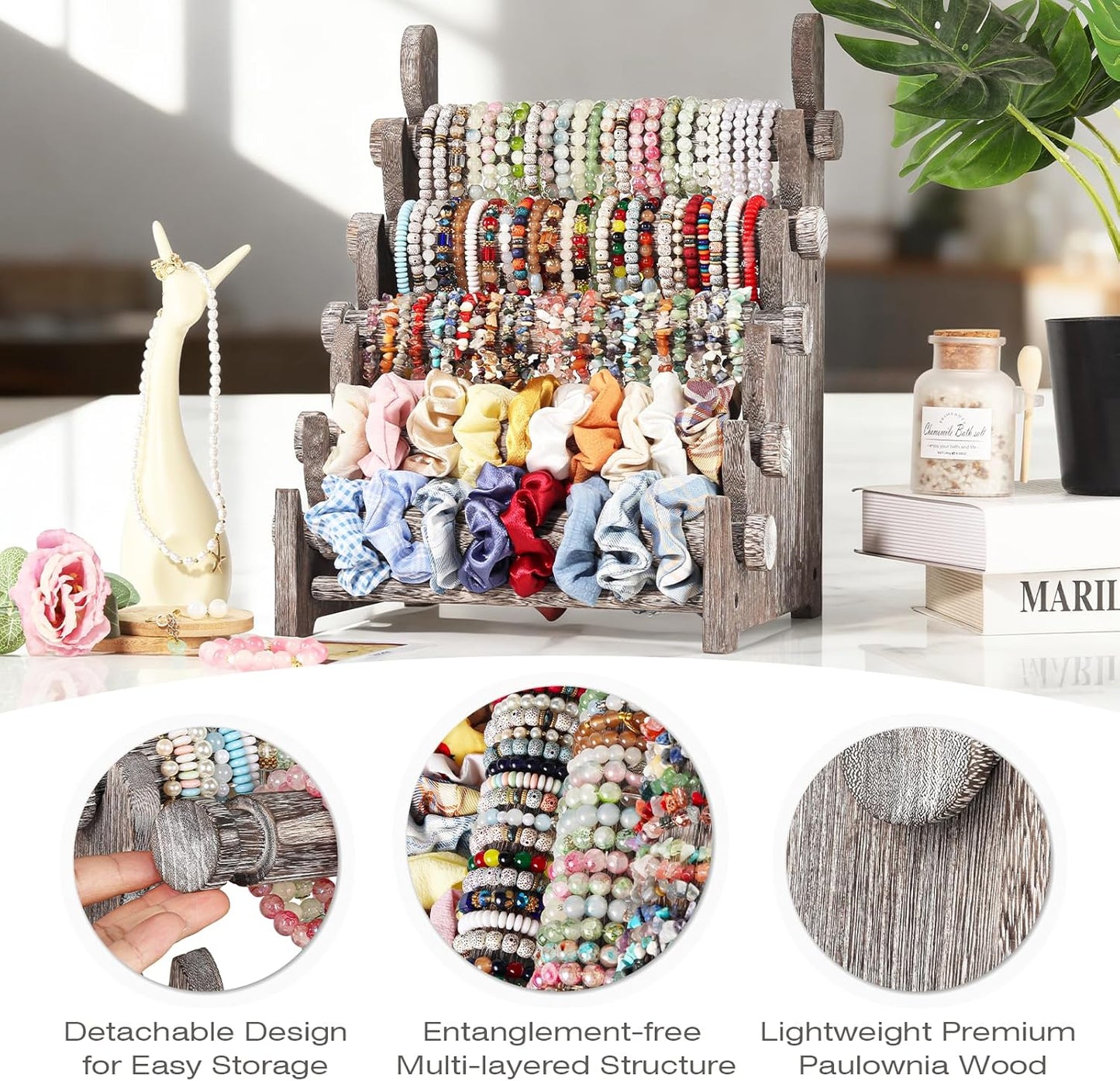 TOPNEW 5 Tier Wooden Bracelet Holder,Scrunchie Bangle Watch Necklace Display Storage Jewelry Holder Stand Display Organizer,Antique White