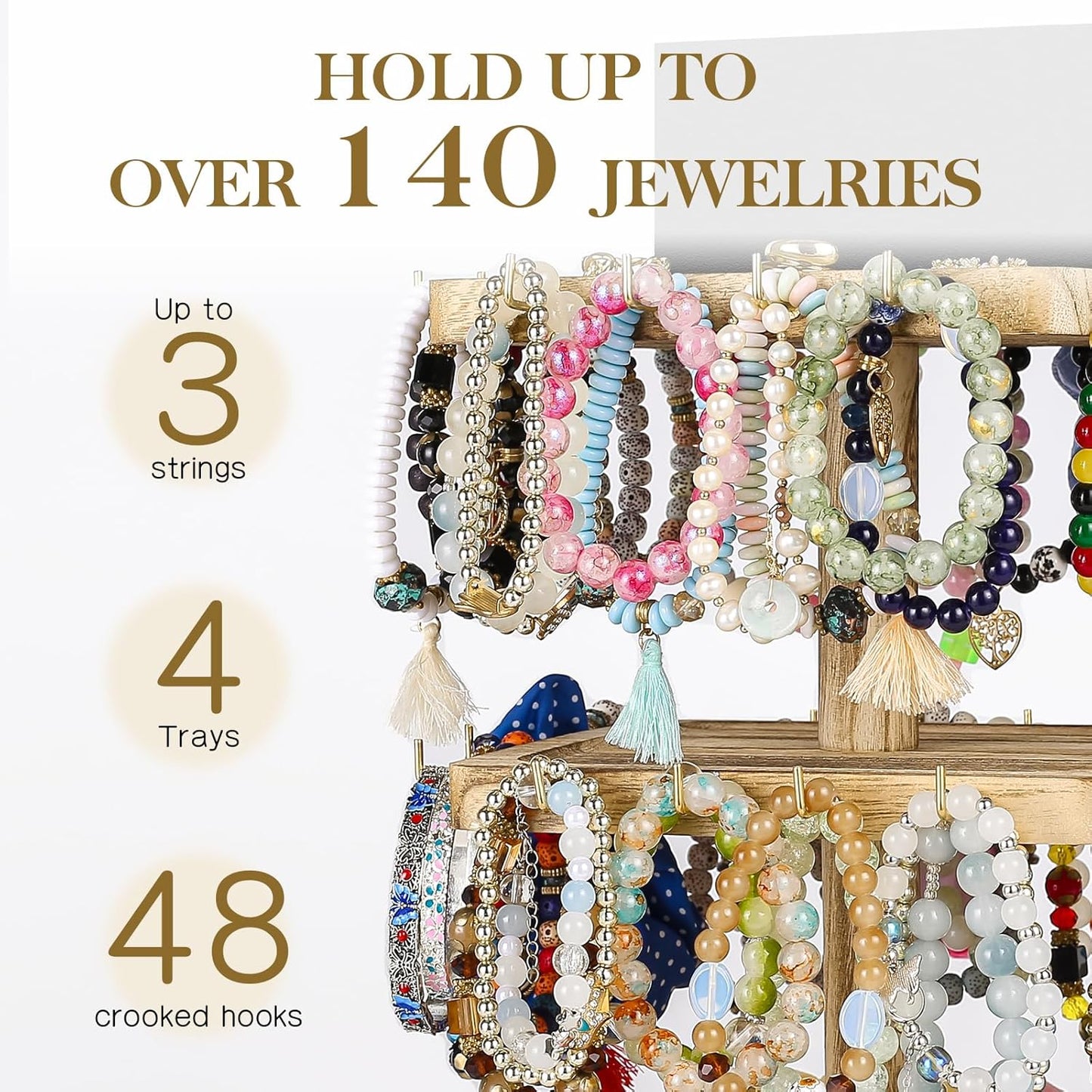 LadyRosian 3-Tier Wooden Rotating Jewelry Display Stand | Bracelet & Keychain Organizer with Advertising Board | 48 Hooks Rustic Holder for Vendor Booth & Stores (3-Tier Square Slot Display)