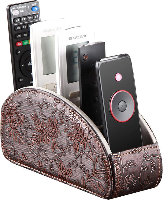 Leather Remote Control Holder,Universal TV Remote Organizer with 5 Compartments,Desktop or Bedside Table Organizer for DVD,Blu-Ray,Gaming and Streaming Remotes,Glasses and Accessories(Antique)