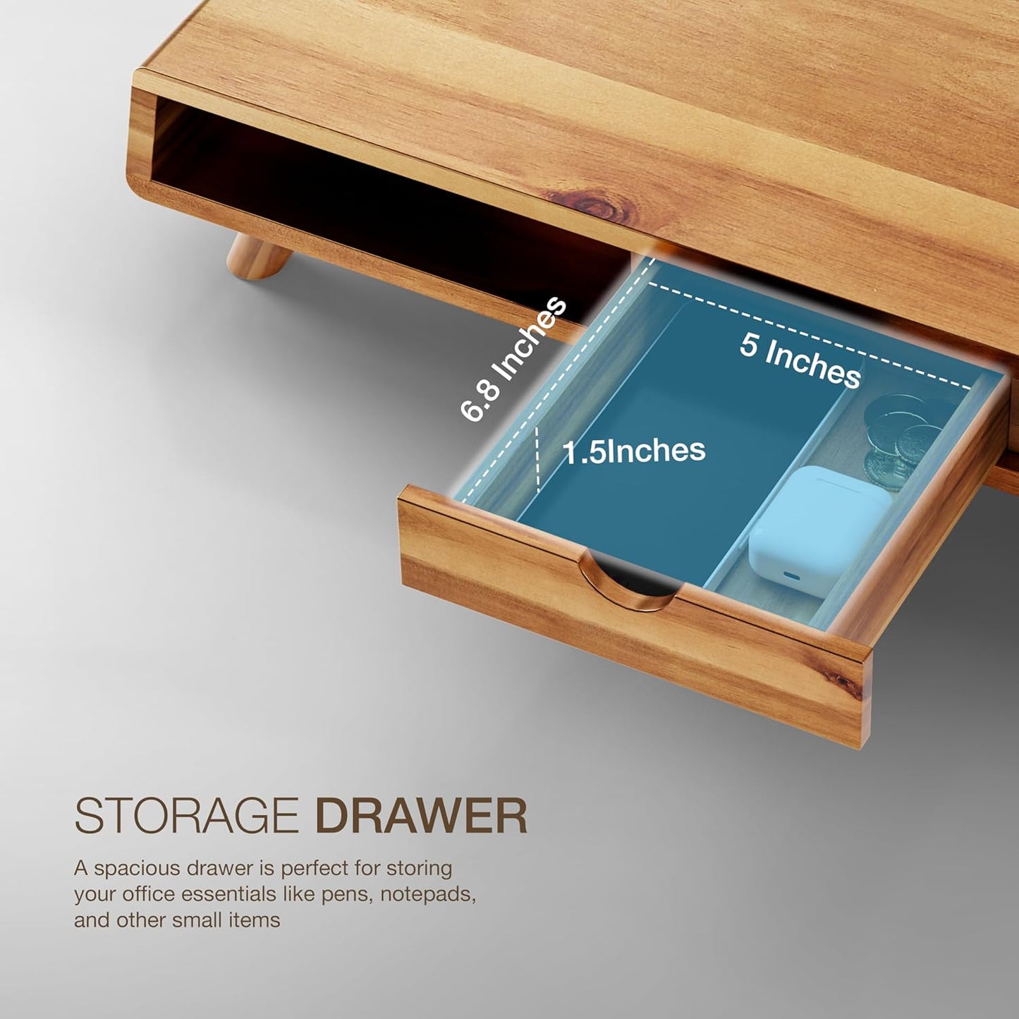 TINAMO Acacia Wood Monitor Stand with Drawer - Wooden Monitor Riser for Desk - Computer Monitor Stand for Desk - Multi-Purpose Desktop Storage Stand for Computer; Laptop; Printer; TV - 24.4 " x 8" x 5" (Patent Pending) (Acacia, 24.4 " x 8" x 5")