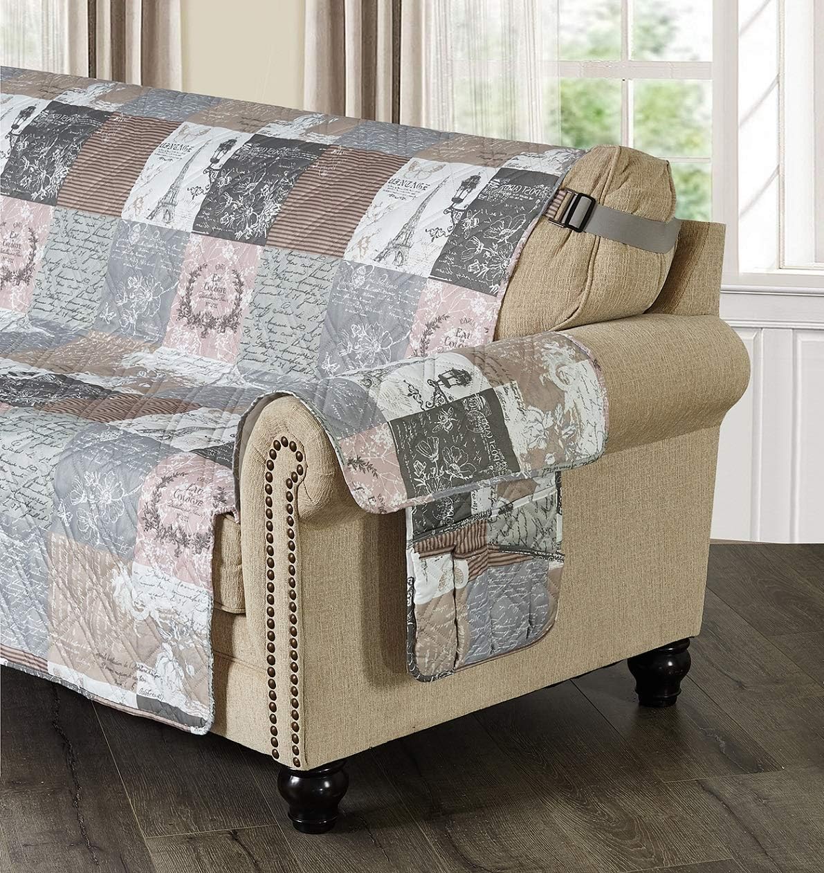 Brilliant Sunshine Paris and Toile Floral Patchwork Couch Armrest 5 Pockets Organizer, Slip Resistant Armchair Caddy, Washable Remote Controls Holder, Storage for Magazine, Tablet, 35×13", Latte Grey