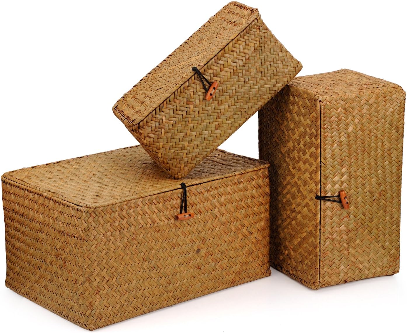 DOKOT Woven Wicker Storage Bins with Lid, Seagrass Basket for Shelf Organizer, Extra Large, Set of 3