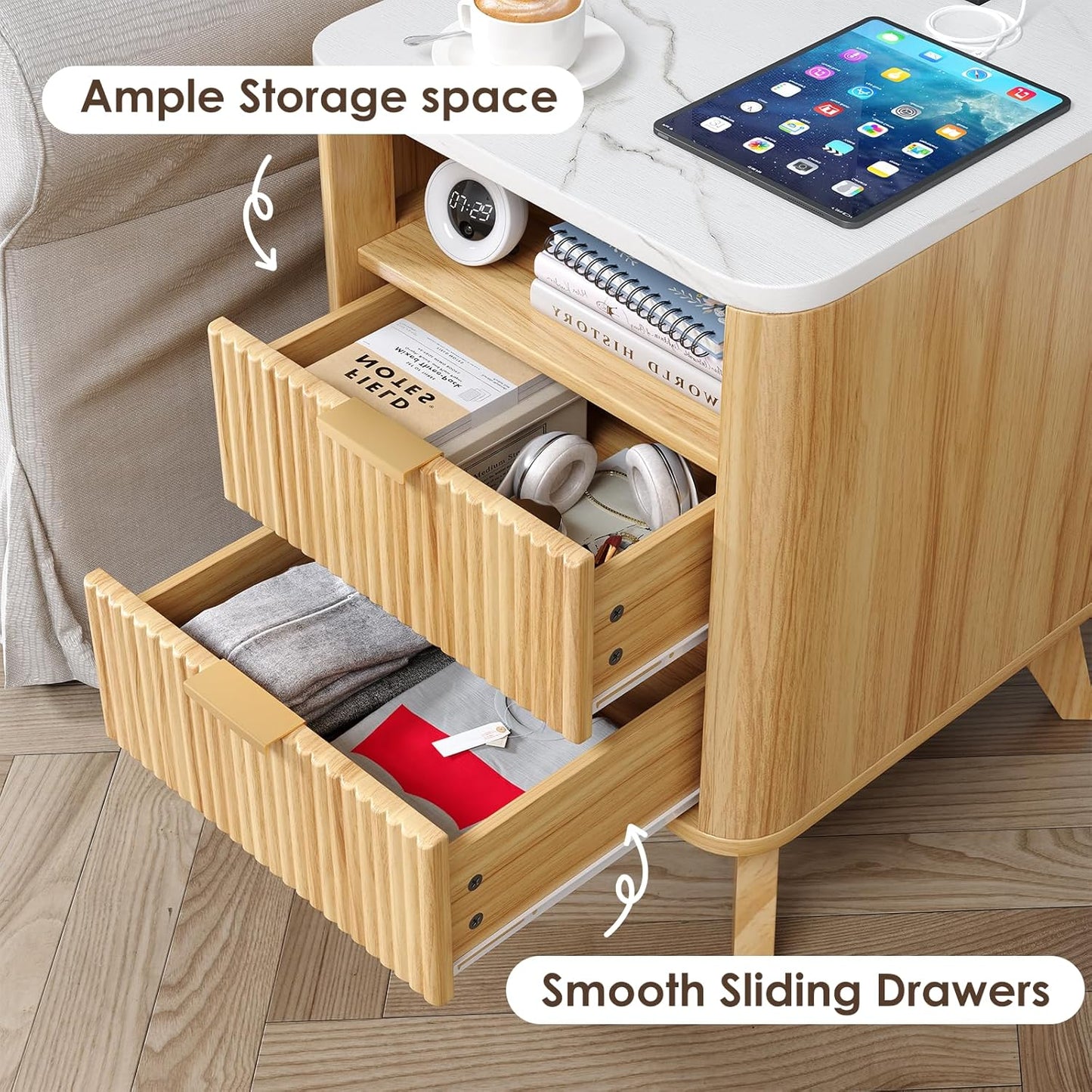Nightstand with Charging Station, Fluted Nightstand with LED Lights, Modern Rustic Side Table with 2 Storage Drawers, Wooden End Table for Bedroom, Natural Oak