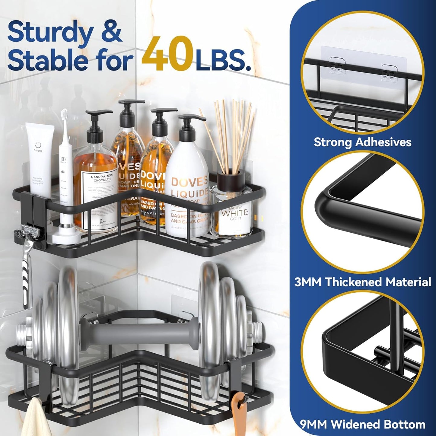 YASONIC Corner Shower Caddy, 5-Pack Adhesive Rustproof Stainless Steel Shower Organizer with Soap Holder, No Drilling Shower Shelf for Inside Shower, Dorm, Renters, Black