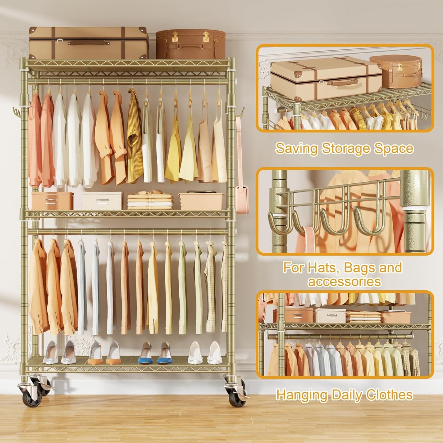 P1 Rolling Clothes Rack, Portable Wardrobe Closet with Wheels, Heavy-Duty Closet Clothing Rack for Hanging Clothes, 35.5" W x 15.7" D x 80.5" H, Hold 500lbs, Gold