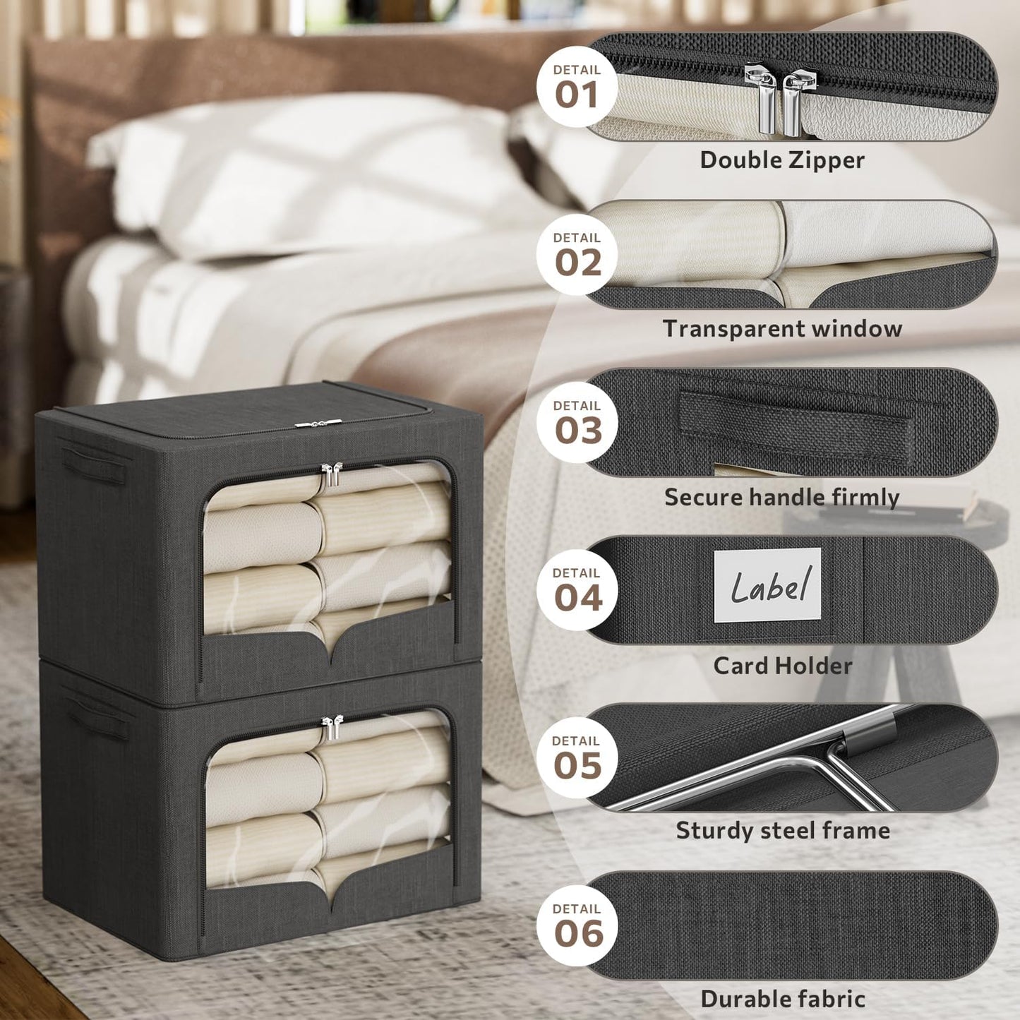 FHSQX 3 Pack Clothes Storage Bins Foldable Metal Frame Storage Box Stackable Linen Fabric Organizer Set with Carrying Handles and Clear Window (Dark Gray, 15.7x11.8x7.8inch(22L))