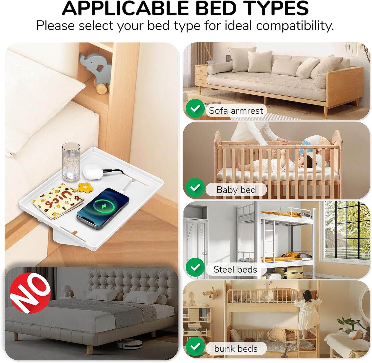 Bedside Shelf for Bunk Beds & Top Bunk, Clip On Nightstand with Cable Catch, White, 35lbs Capacity, College Dorm Room & Kids Room (White)