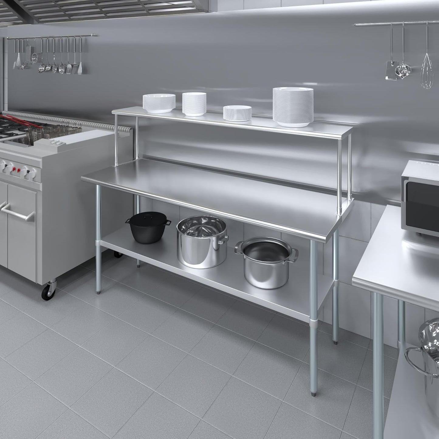 Stainless Steel Work Table with Wide Single Tier Overshelf | 24" x 72" Work Table + 12" Overshelf