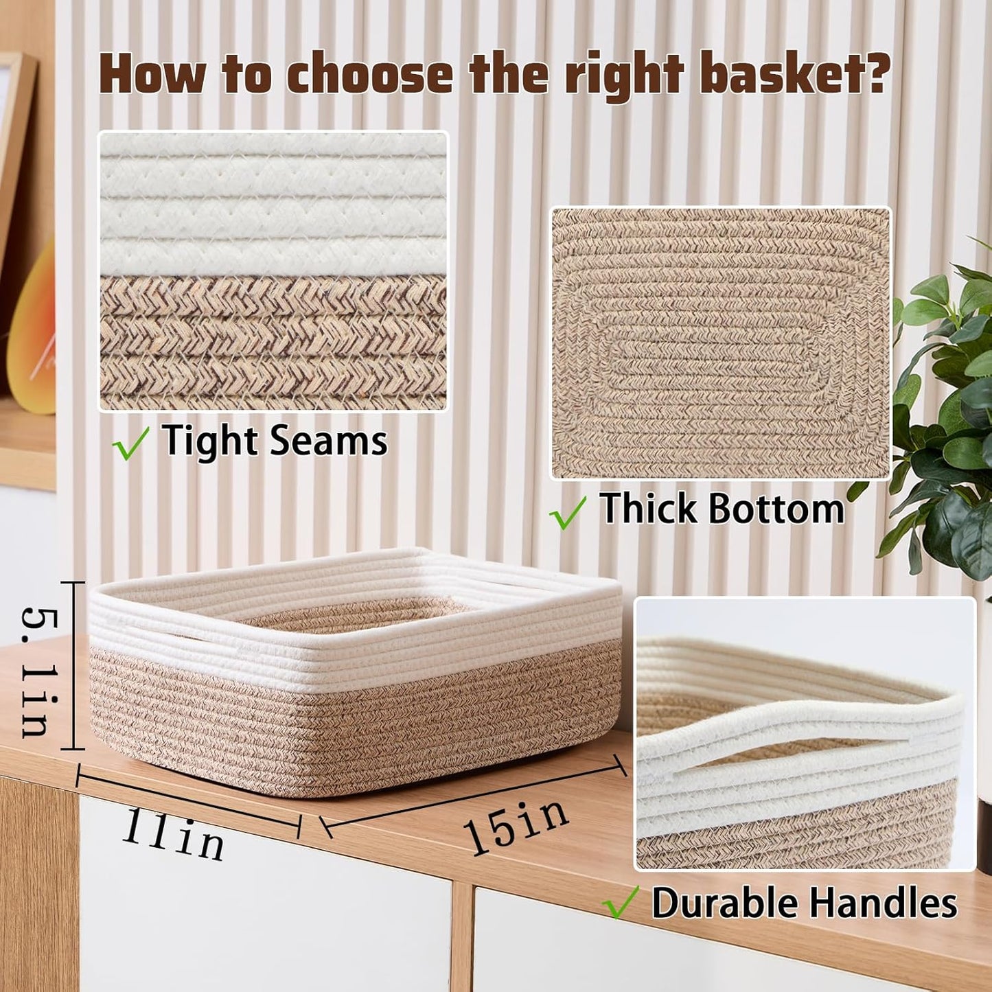 Large Shallow Organizing Baskets 15x11x5.1 Inches - Rope Woven Storage Bins for Bathroom, Shelves, Cube Closet, White Mixed Brown 3 Packs