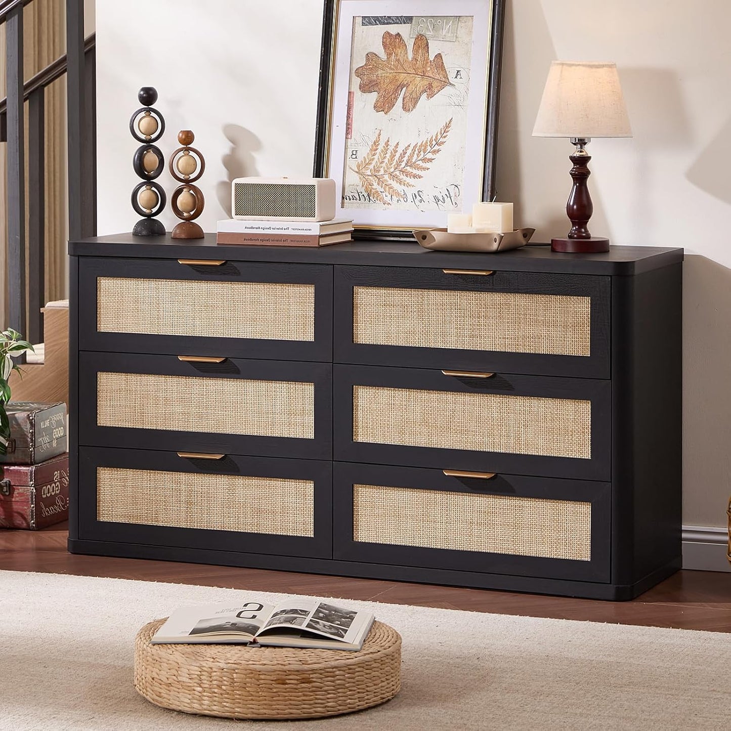 LEYAOYAO Rattan 6 Drawer Dresser for Bedroom Set of 2, Boho 54" Wide Black Dresser Chest of Drawers, Dressers TV Stand with Metal Handle, Storage Dressers Closet Organizer for Living Room, Hallway