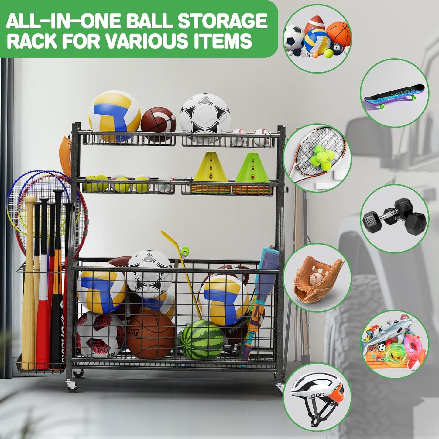 Garage Sports Equipment Organizer,Ball Storage With Four Baskets And Six Hooks,Sports Organizer For Garage,Heavy Duty Garage Organizer,Garage Storage,Garage Organization,Outdoor Toy Storage