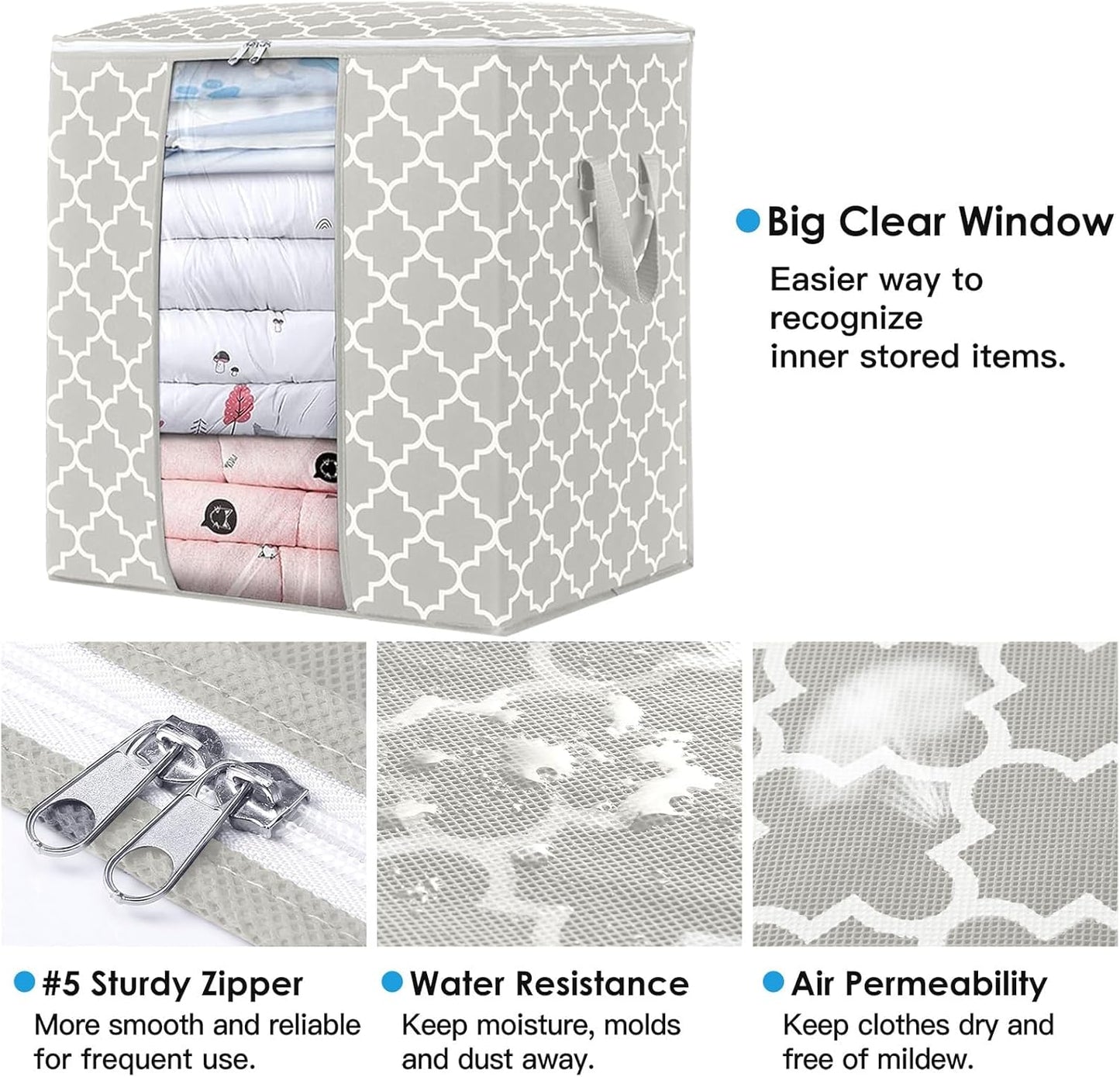 WISELIFE Storage Bags 4 Pack/100L Large Blanket Clothes Organization and Storage Containers for Comforters,Bedding, Foldable Organizer with Reinforced Handle, Clear Window, Sturdy Zippers,Lvory