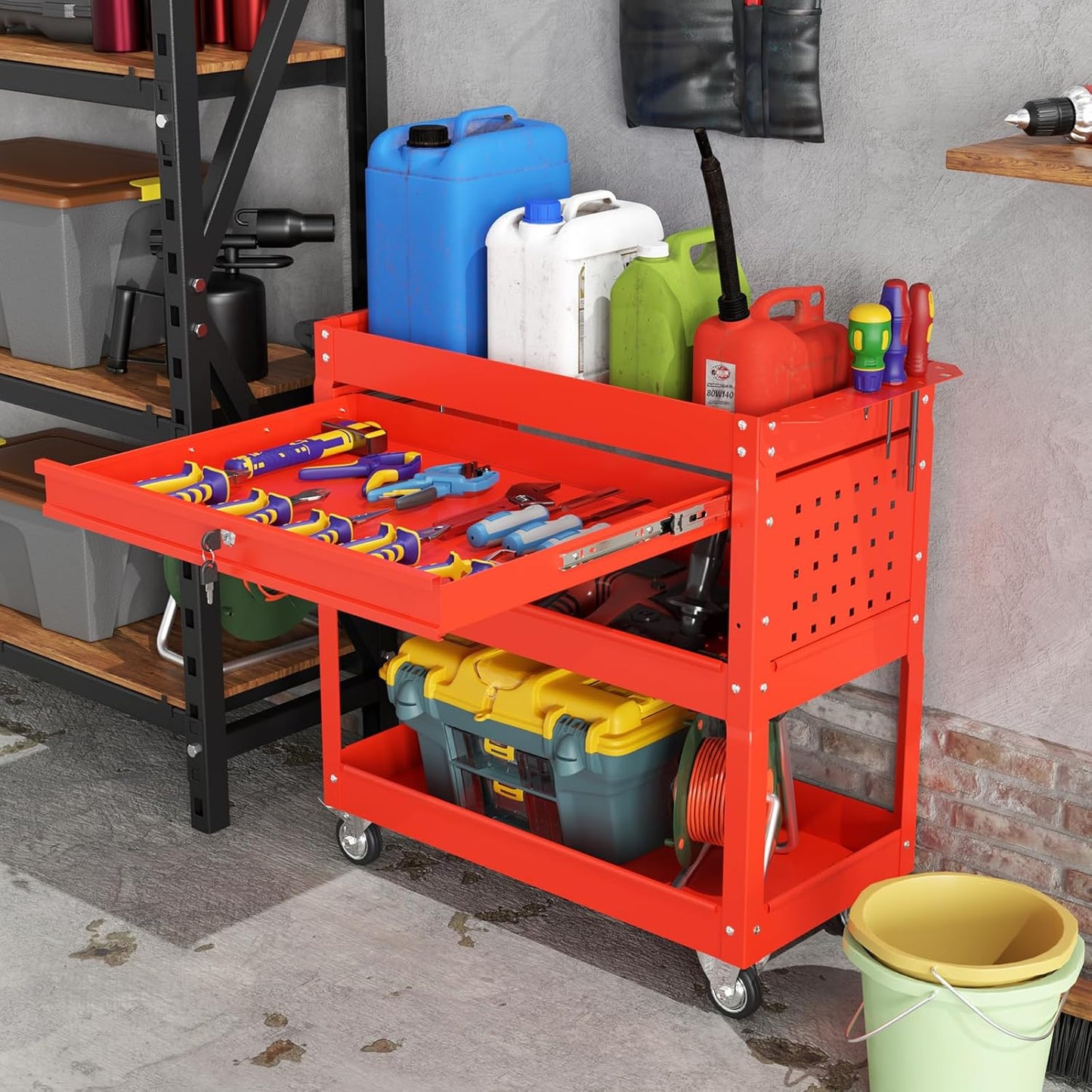 3 Tier Heavy Duty Tool Cart, Mechanic Metal Rolling Tool Cart 900 Lbs Work Carts with Locked Drawers & Pegboard for Garage Workshop