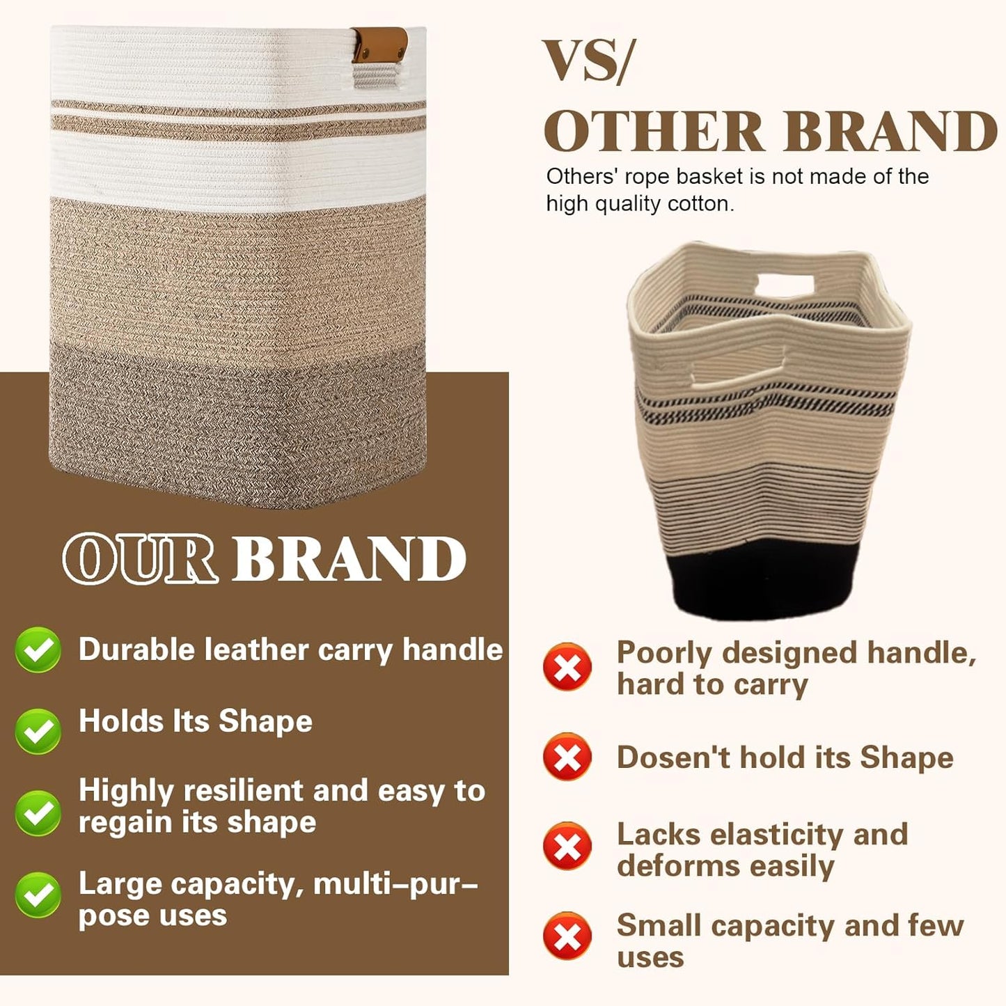 Laundry Hamper, 95L Tall Laundry Basket with Leather Handles, Rectangle Large Clothes Hamper for Organizing, Cotton Woven Laundry Baskets Storage Hampers for Bedroom, Nursery, Living Room
