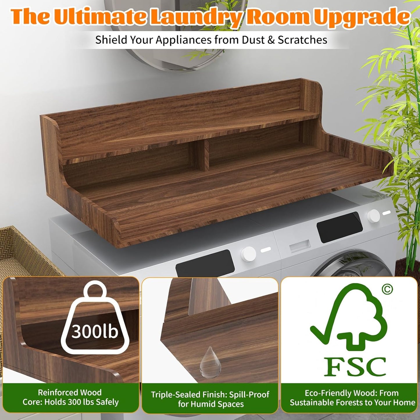 2-Tier Washer Dryer Countertop with Charge Station, 54" x 27.5" Top Cover for Laundry Machine, Washer and Dryer Wood Shelf Topper for Laundry Room Counter Storage Organization, Walnut