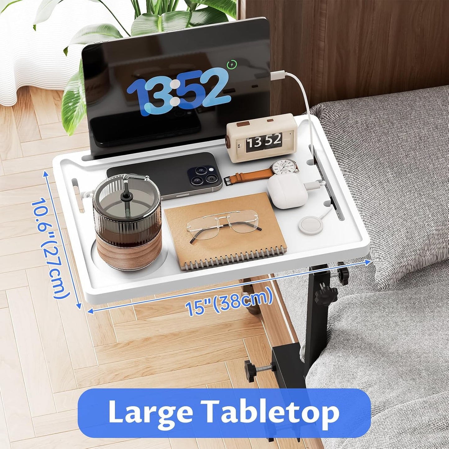 NiHome Height-Adjustable Bedside Shelf with Rotating Foldable Tray, Clip On Bed Side Tray Table, Overbed Table Fits Bed Frames 0.7"-2.7" Wide for Dorms, Apartments, Bedrooms, Dorm Essentials, White