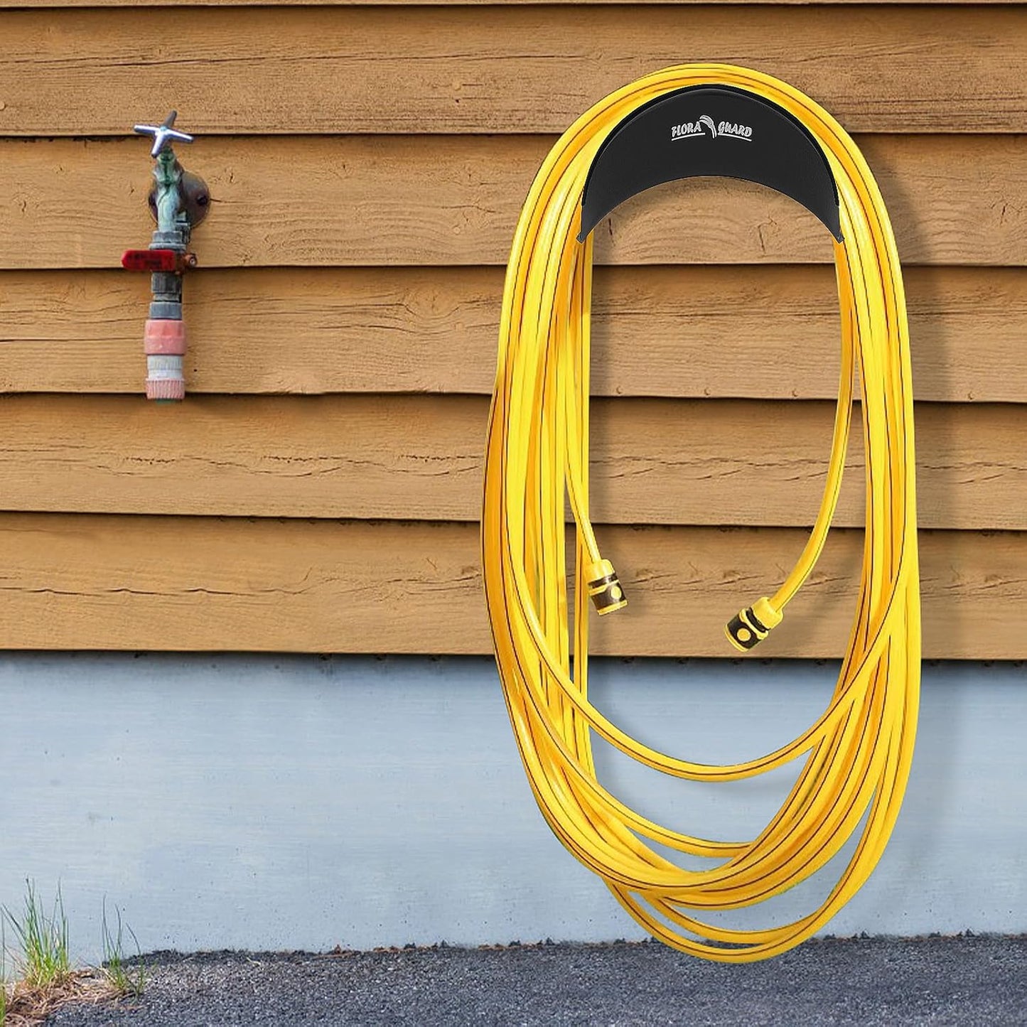 FLORA GUARD Garden Hose Holder, Heavy-Duty Hose Hanger, Holds Up to 125 ft, Garden Rack Wall Mount for Outside, Rust and Slip Resistant, Black