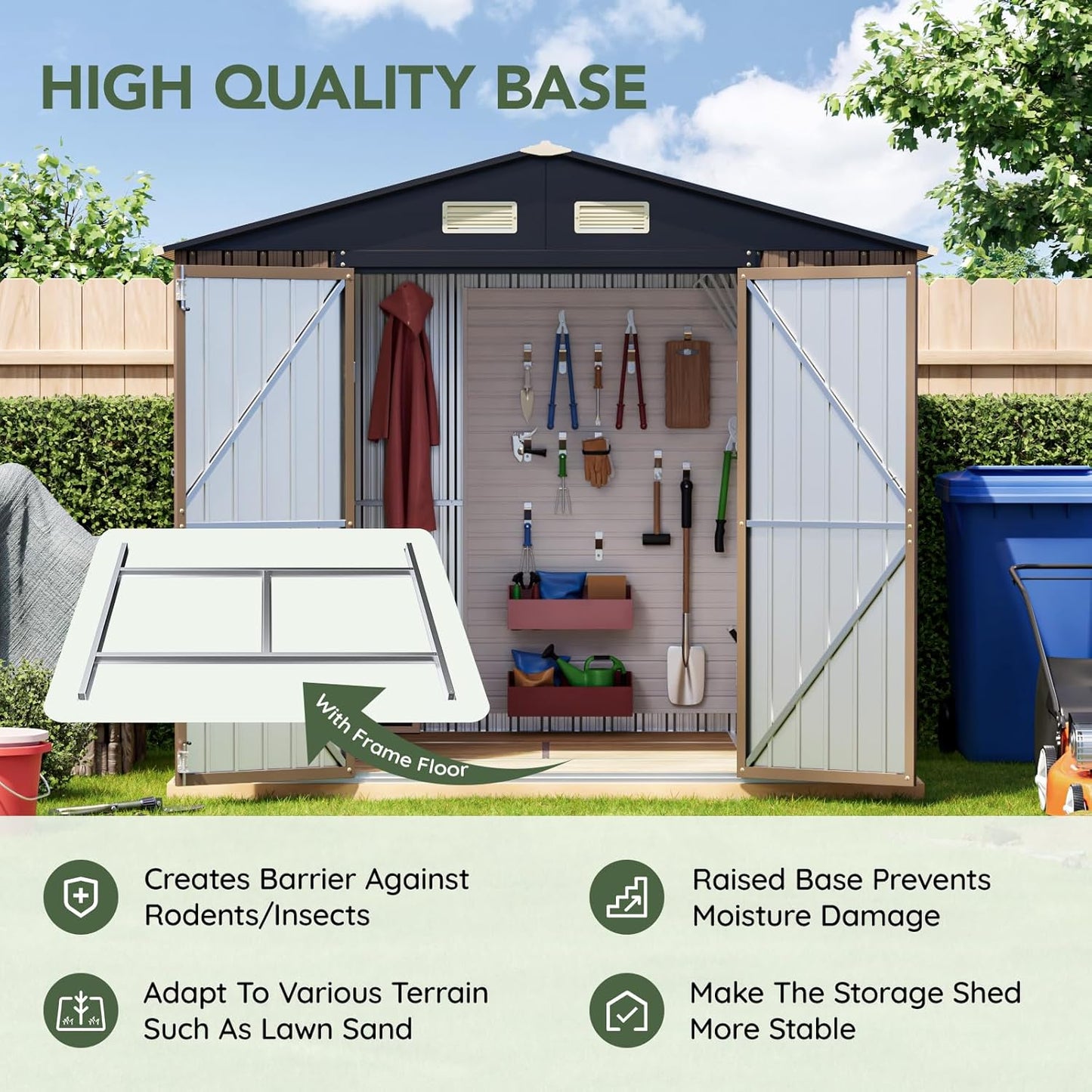 6x8FT Outdoor Metal Storage Shed with Floor Frame,Double Door, 1 Clear Window, Tool Shed for Garden, Patio, Backyard Brown