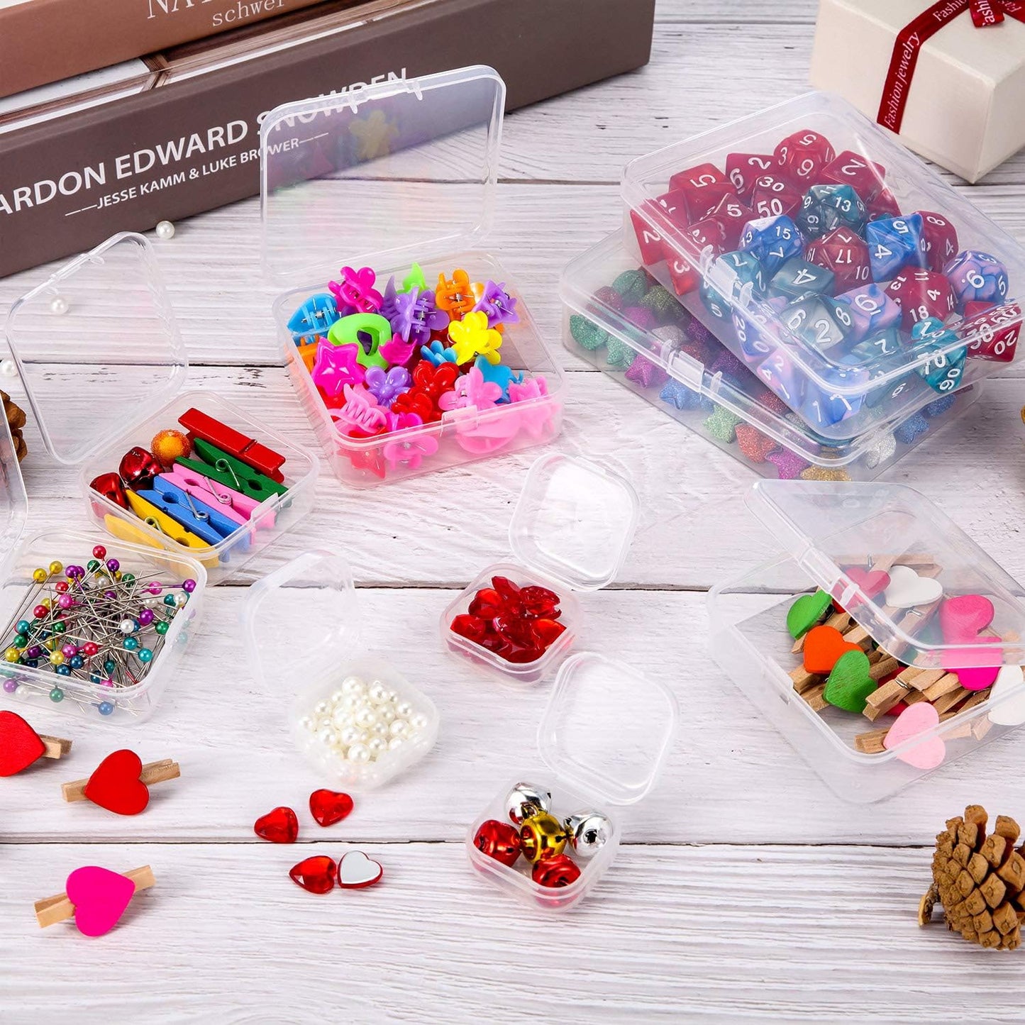 SATINIOR 24 Packs Small Clear Plastic Beads Storage Containers Box with Hinged Lid for Storage of Small Items, Crafts, Jewelry, Hardware (4.45 x 3.3 x 1.18 Inches)