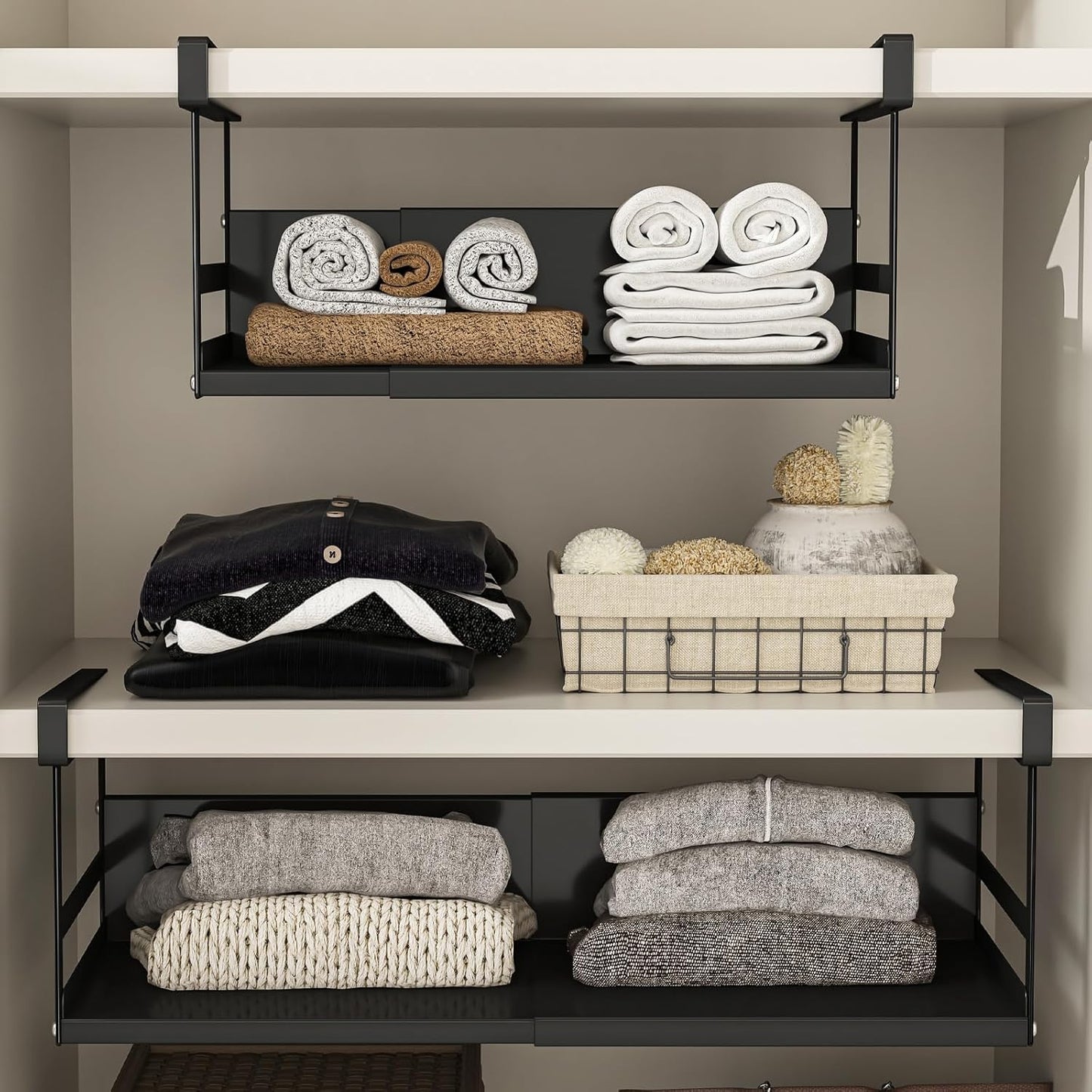 Expandable Under Cabinet Shelf Organizer with 0.94-Inch Thick Clips, Heavy Duty Extendable Under Shelf Storage Basket for Pantry or Laundry Room, Black, 1 Pack, Interior: 4.13" H x 8.54" D