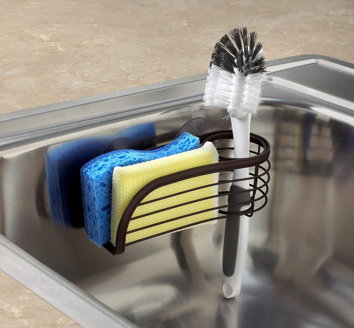 Spectrum Sink Sponge and Brush Holder with Suction Cups Ashley 2 in 1 Sink Caddy Bronze, No Rust Easy Mount Suction Cup Kitchen Sponge and Brush Holder Hanging Wire Cradle Promotes Quick Drying