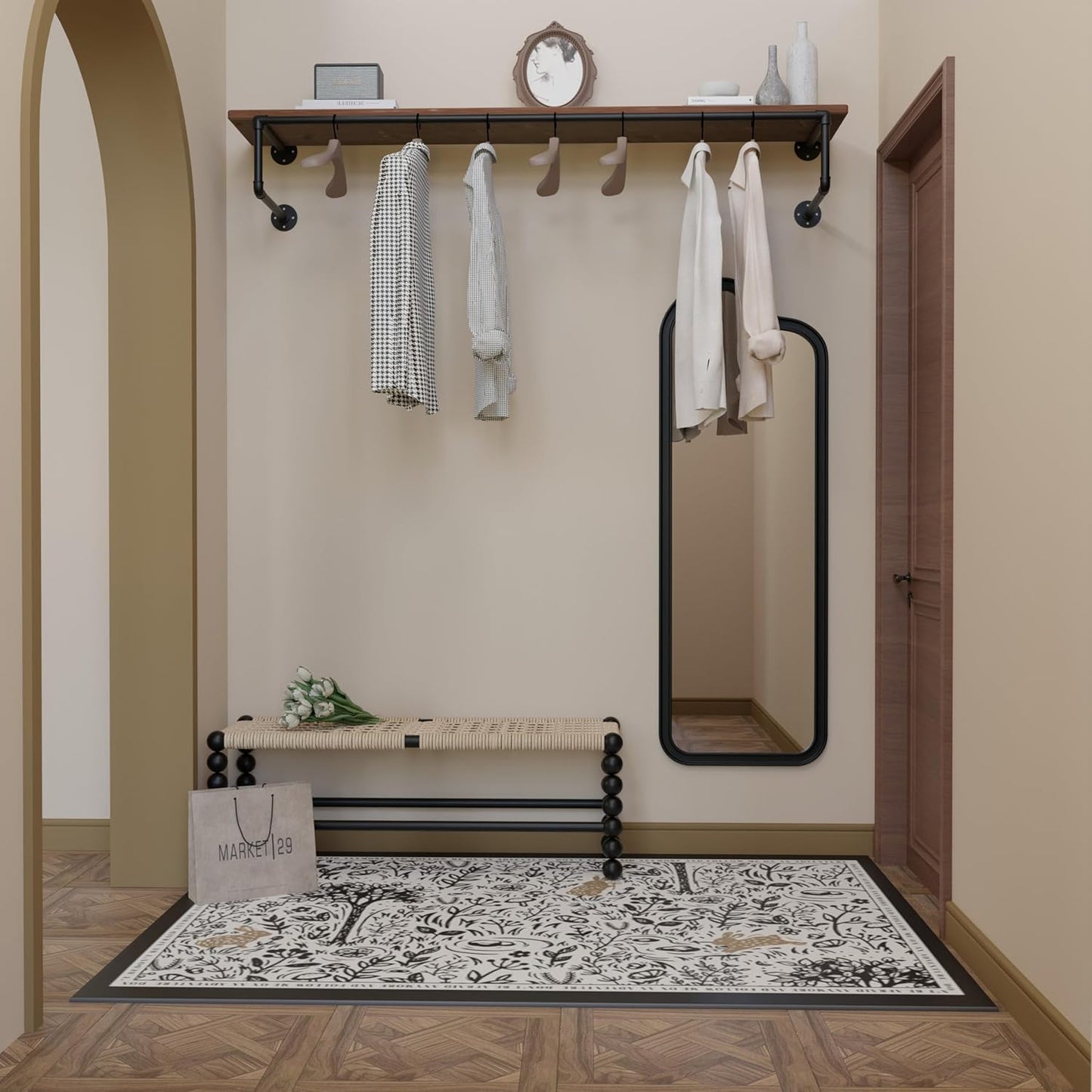Clothes Rack 60in, Wall Mounted Garment Racks with Real Wood Shelf, Heavy Duty Hanging Clothes Rack, Multi-Purpose Hanging Rod, Space-Saving Closet Storage