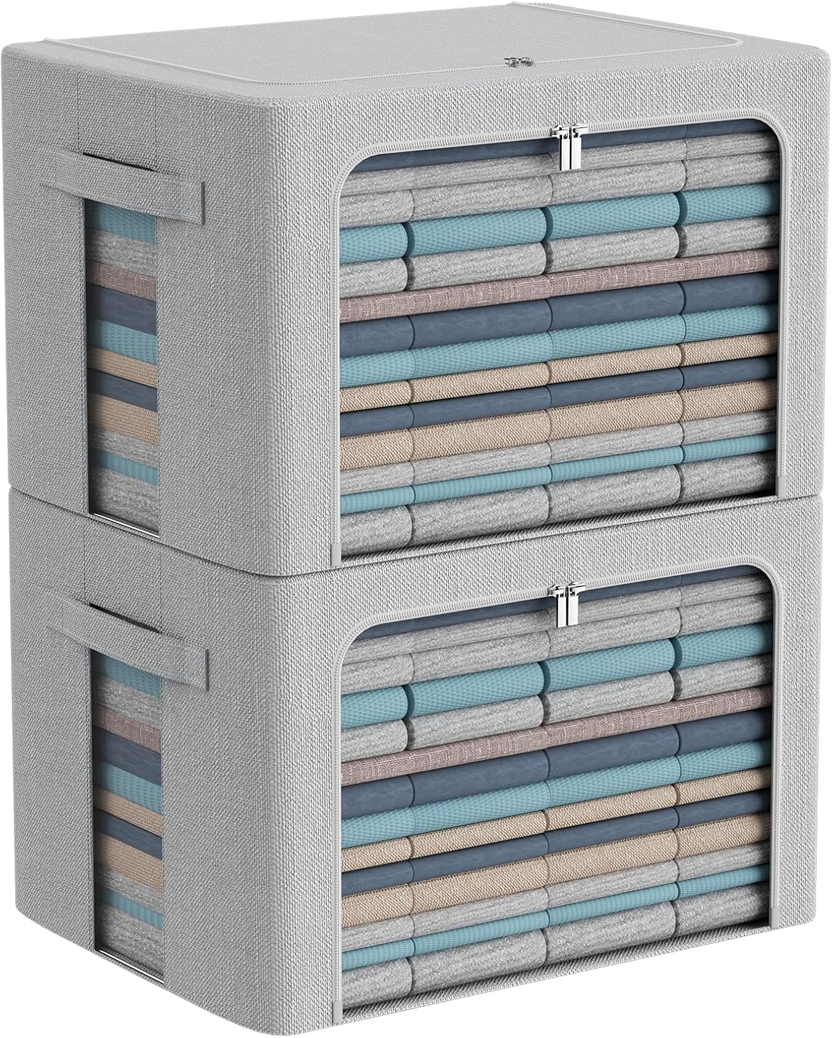 CYhom Clothes Storage Bins Box - Foldable Stackable Container Organizer Set with Clear Window & Carry Handles & Metal Frame - 2Pack Large Capacity for Bedding, Blankets, Books