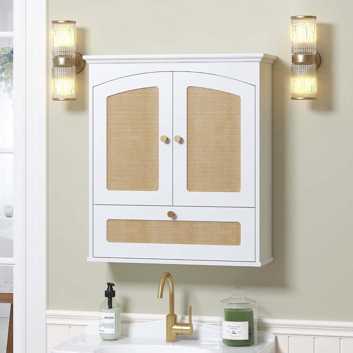 Spirich Bathroom Cabinet Wall Mount, Medicine Cabinet for Bathroom, Over The Toilet Storage Cabinet with Rattan Doors and Tilt-Out Cube