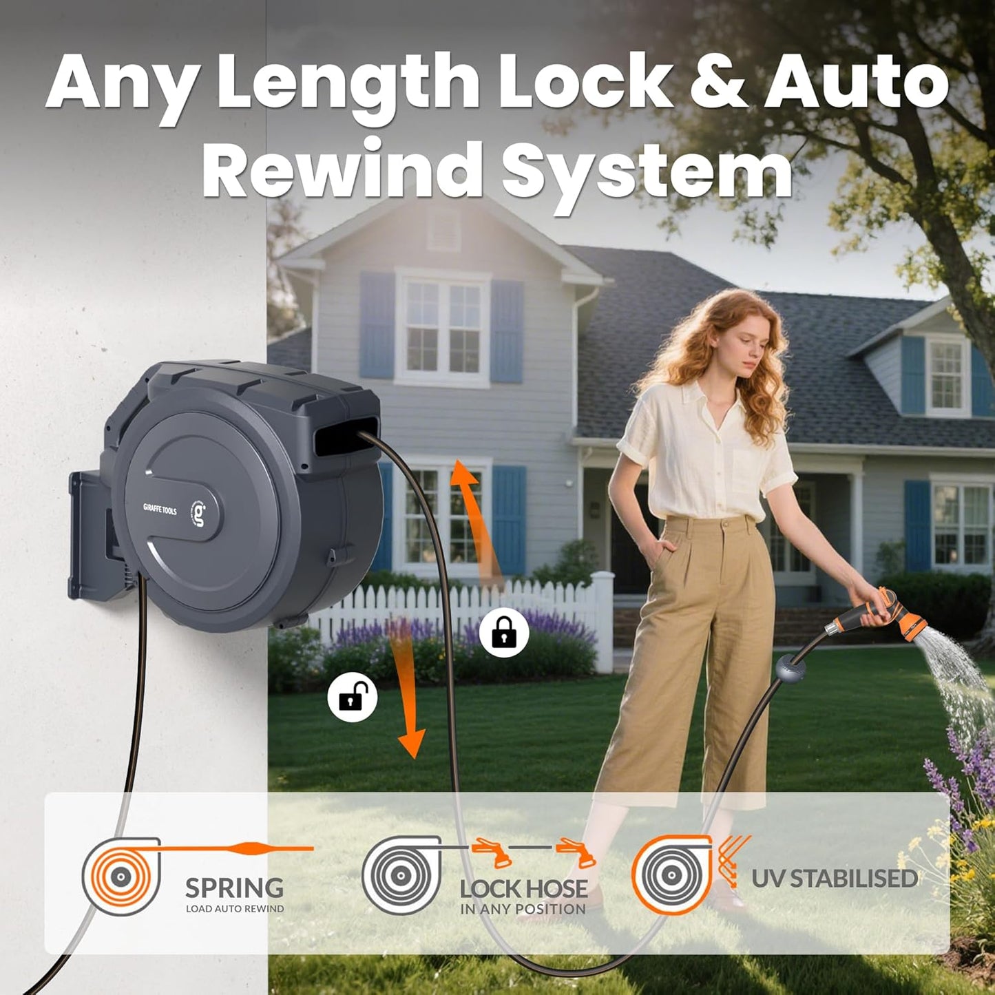 Giraffe Tools AW30 Wall Mounted 1/2" x 100 ft Garden Hose Reel, Retractable Water Hose Reel, Automatic Rewind & Lock at Any Length