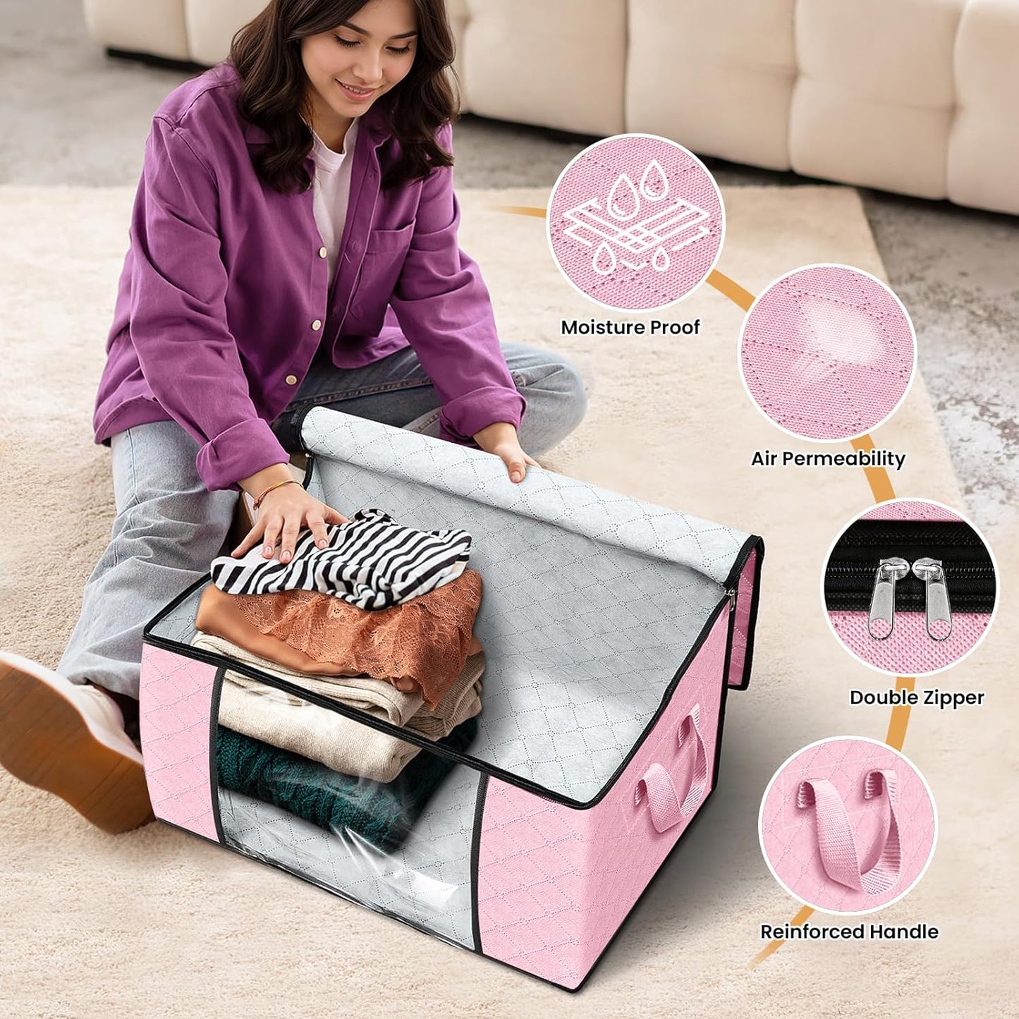 Fab totes 6 Pack Clothes Storage, Foldable Thick Fabric Blanket Storage Bags, Containers for Organizing Bedroom, Closet, Clothing, Comforter, Organization with Handle,Pink