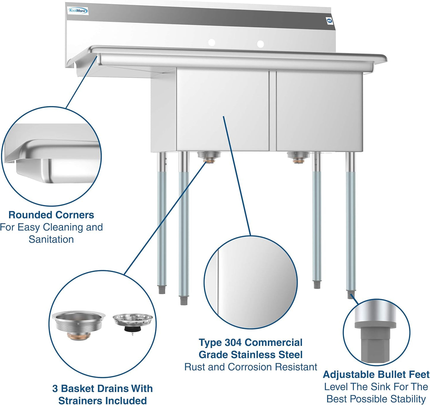 KoolMore 2 Compartment Stainless Steel NSF Commercial Kitchen Prep & Utility Sink with Drainboard - Bowl Size 14" x 16" x 11"