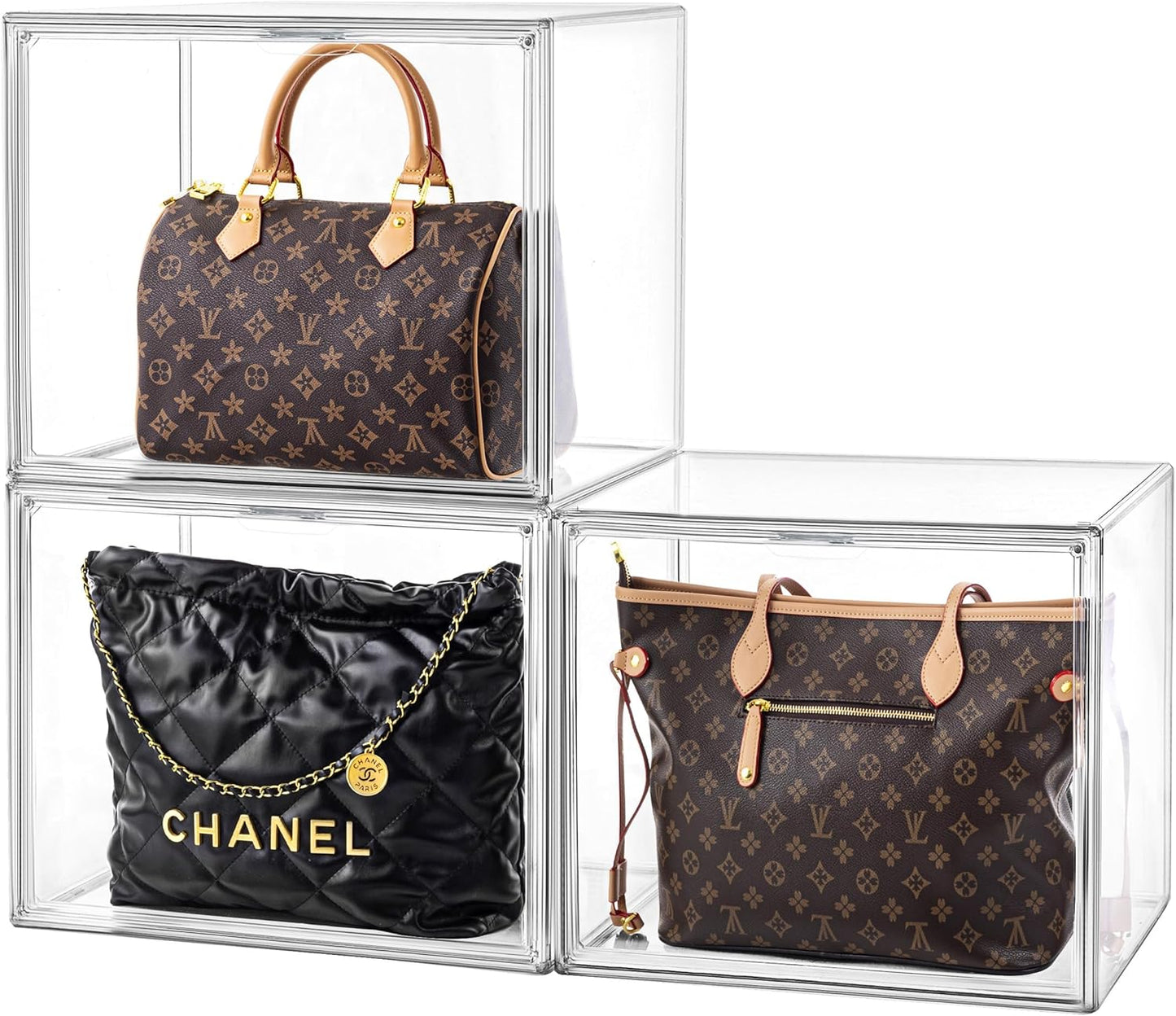 HBlife 3 Pack Purse Storage Organizer for Closet, X-Large Clear Stackable Handbag Display Case Box with Magnetic Door for Collectibles, Cosmetics, Women Heels and Toys