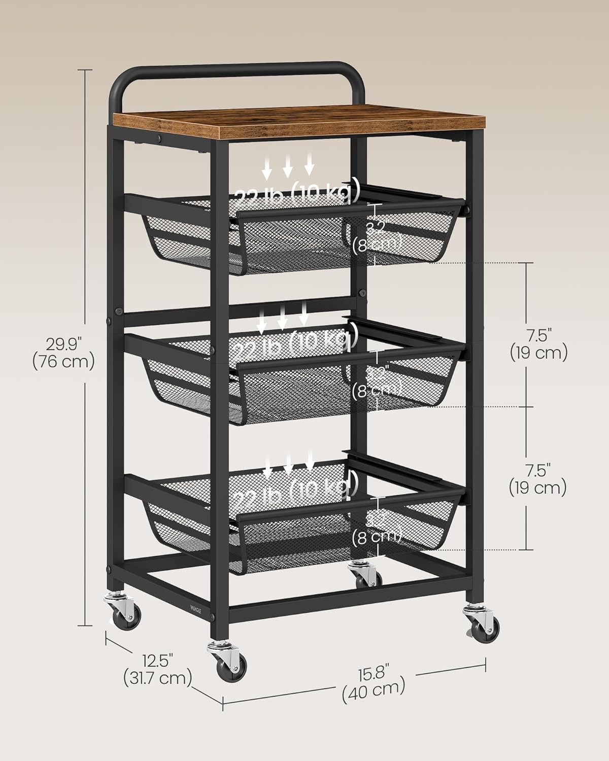 VASAGLE Storage Cart with Pull-Out Baskets, 4-Tier Kitchen Cart with Wheels, Handle, 12.5 x 15.8 x 29.9 Inches, Rustic Brown and Ink Black ULRC040K01