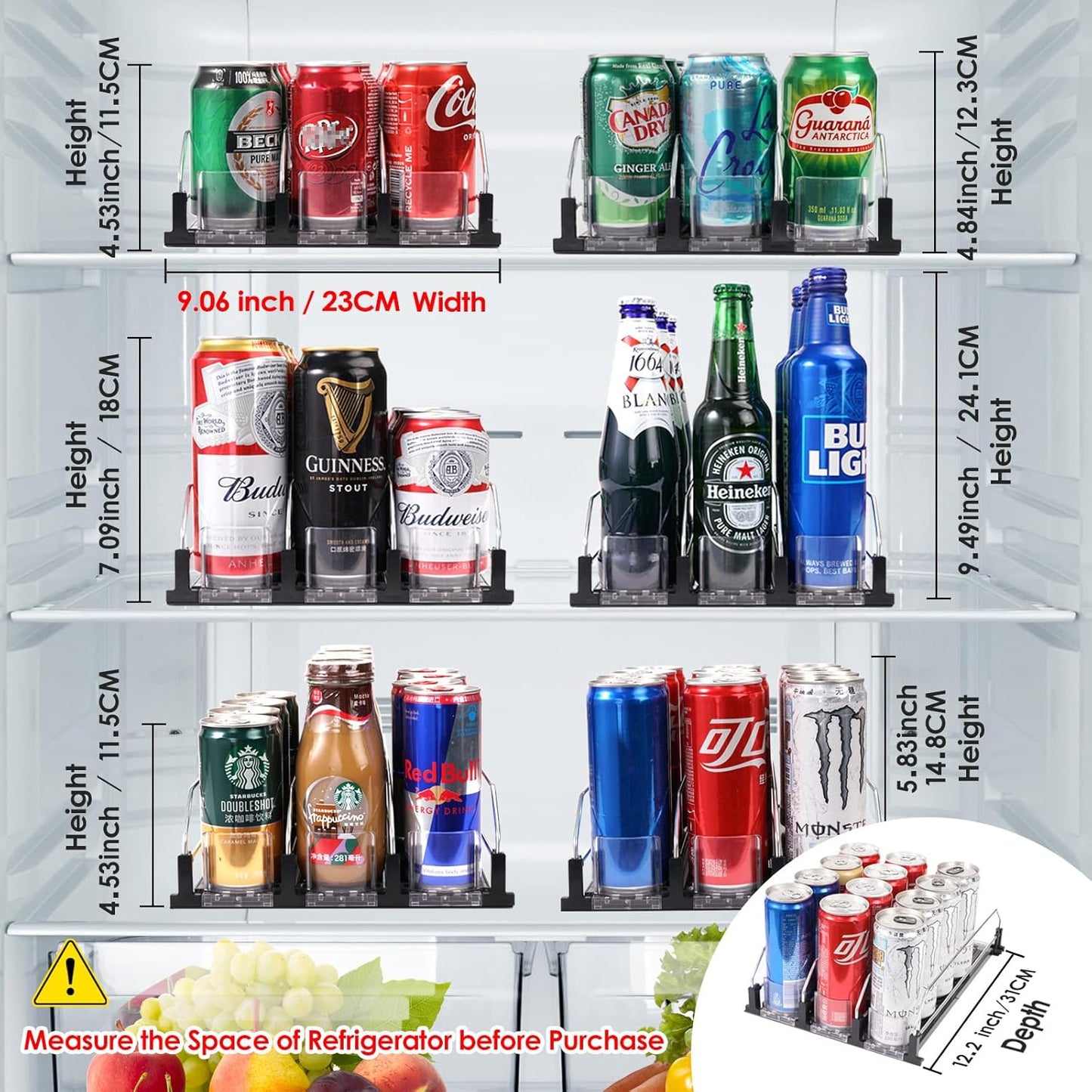Drink Dispenser for Refrigerator, Self-Pushing Soda Can Organizer for Fridge, 3 Rows has been Assembled, Automatic Can Organizer with Spring Loaded for Refrigerator Holds 15 cans, Black
