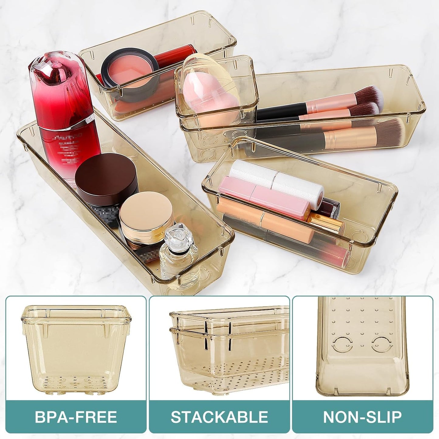 10 PCS Drawer Organizer Set, 5 Varied Size Bathroom and kitchen Drawer cabinet organizer Trays, Clear Storage Bins for Makeup, Jewelry, Utensils and Gadgets, Champagne