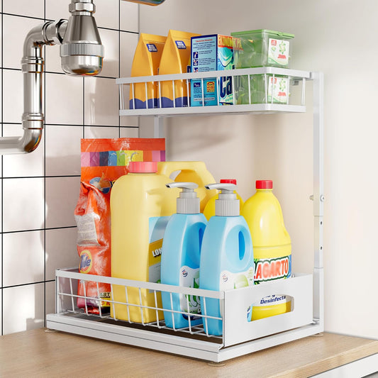 Under Sink Organizer and Storage, Height Adjustable Cabinet Organizer with Slide Out Drawer, Pull Out Under Sink Storage, Multi-Purpose 2 Tier Sink Shelves for Kitchen Bathroom Pantry (White, 1 Pack)