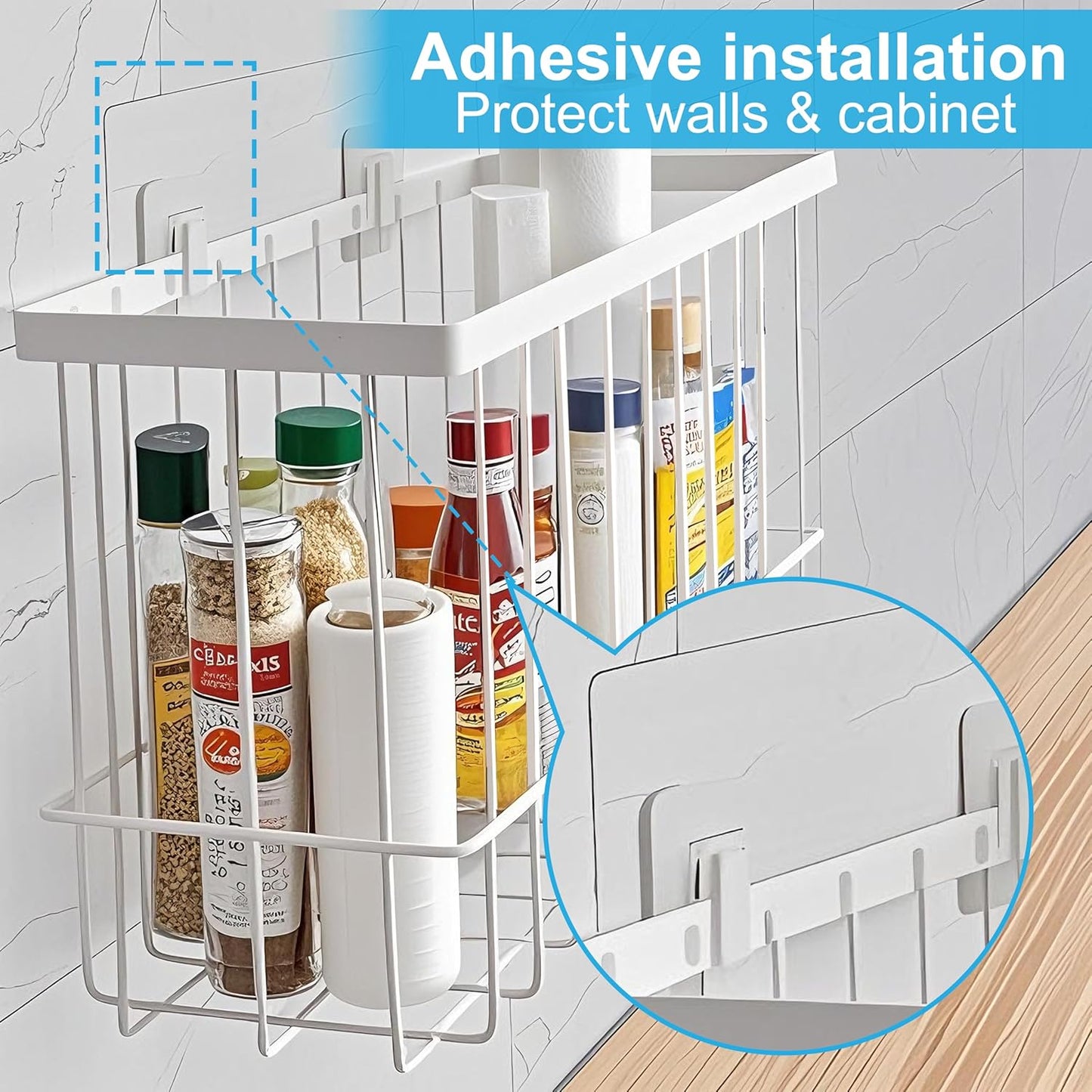 Cabinet Door Organizer 2Pcs, Foil and Plastic Wrap Organizer with 2 Sponges, Cabinet Door Storage with 2 Caddy Adhesive, for Aluminum Foil, Plastic Wrap, Wool Dryer Balls, White,(Medium, Large)