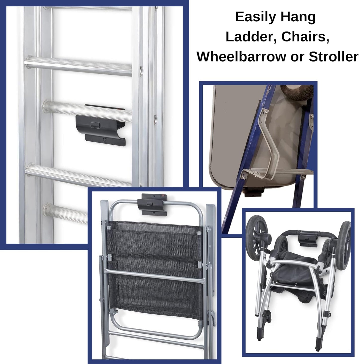 Ladder Hanger set of 4 For Garage Wall - Black Heavy Duty Utility Hook For Wall Mount Ladder Storage. Versatile Tool Holder To Maximize Space In Garden, Shed, Workshop, Hang Wheelbarrow, Folding Chair