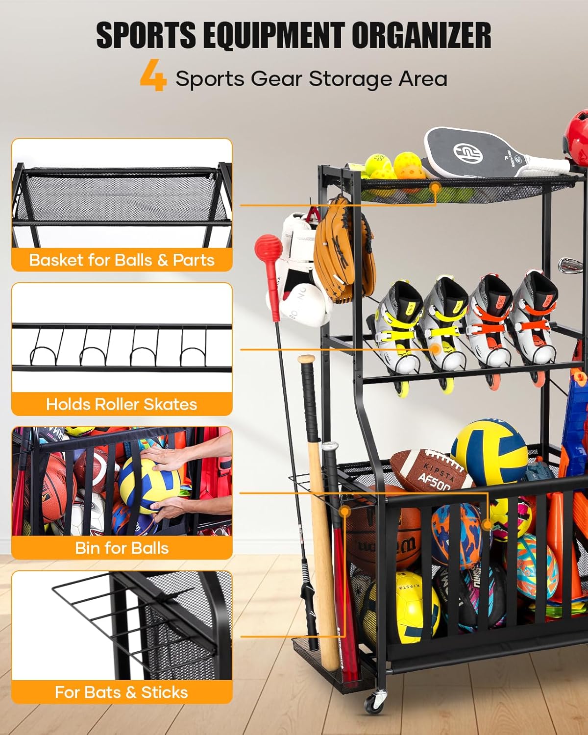 Garage Sports Equipment Organizer with Wheels - Golf Bag Storage Rack and Ball Storage Bins, Heavy Duty Rolling Garage Organizer System with Basket and Hooks for Indoor/Outdoor Sports Gear