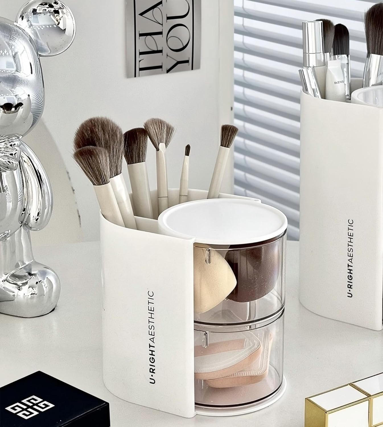Hair Accessories Organizer with Hair Brush Holder, Rotatable Makeup Brush Holder for Necklaces, Earring, Bracelet, Ring, Makeup Brushes, Hair Clip and Hair Accessories (White, 2-Layer)